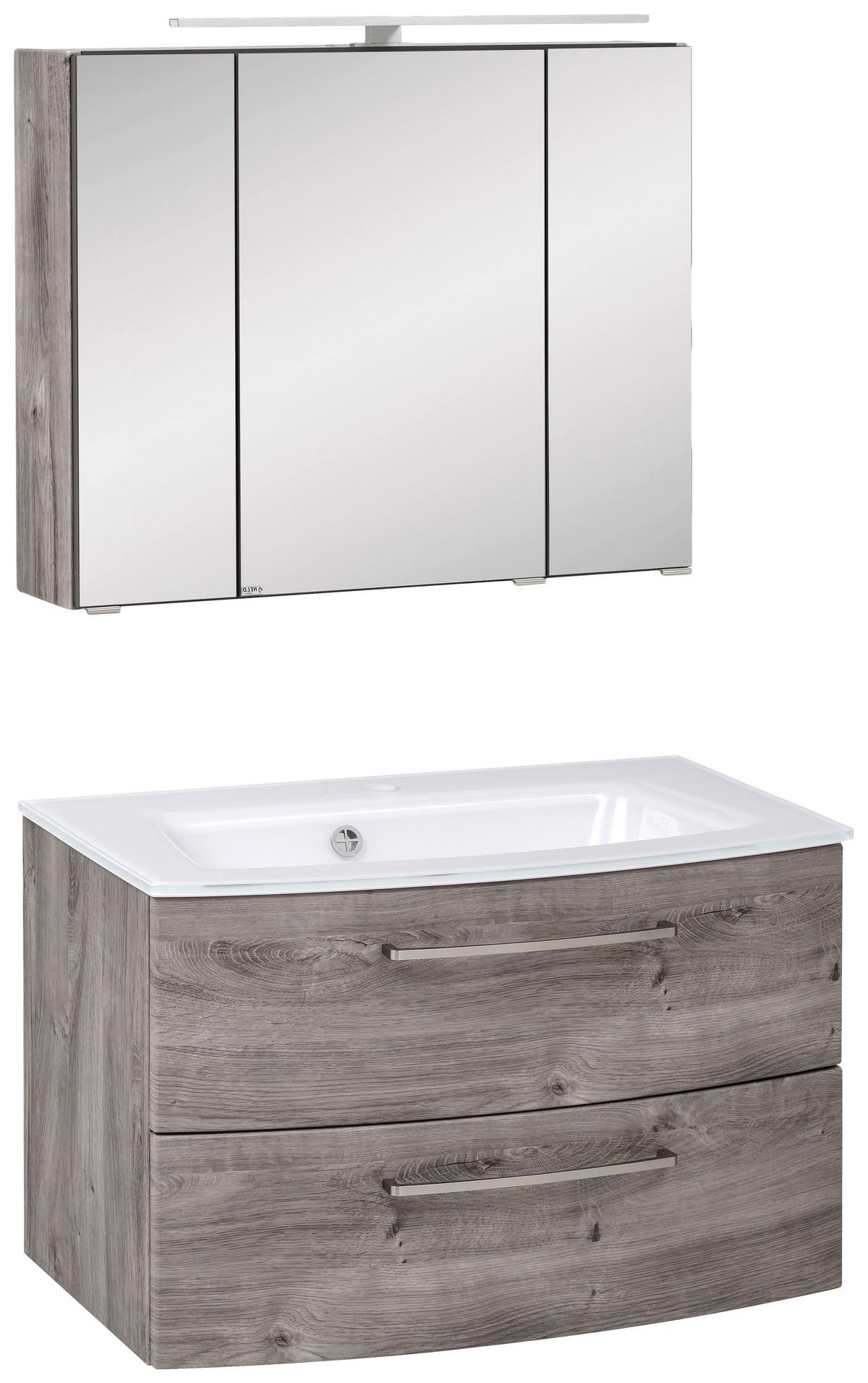 Badmöbel-Set 3-Tlg. inkl. LED Stockholm 80cm Eiche Dekor - Eichefarben/Eiche grau, KONVENTIONELL, Glas/Holzwerkstoff (80cm) - Held