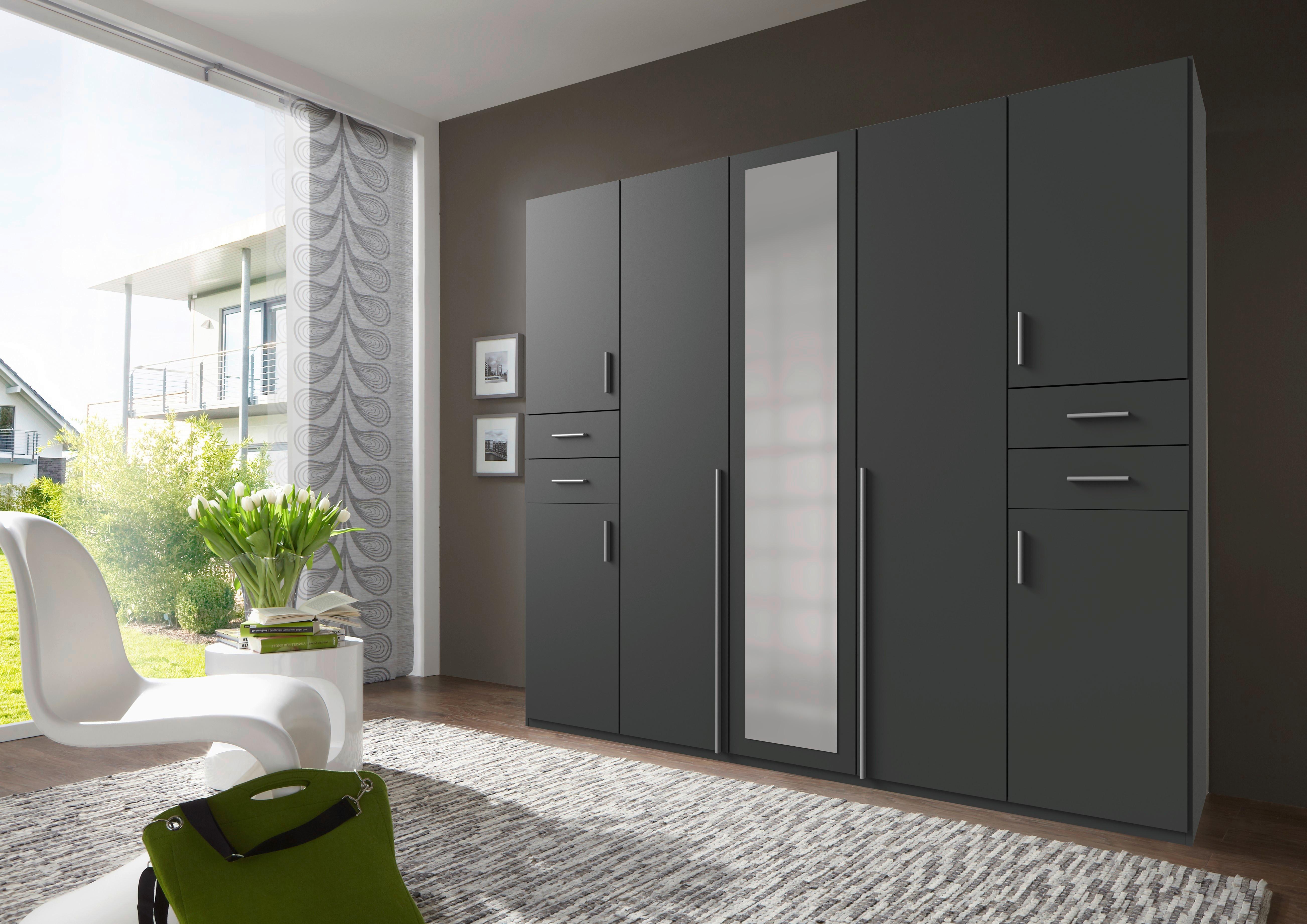 Drehtürenschrank Mit Spiegel + Laden B: 225 cm Vegas, Graphit - Graphitfarben/Weiß, Basics, Holzwerkstoff (225/208/58cm) - MID.YOU