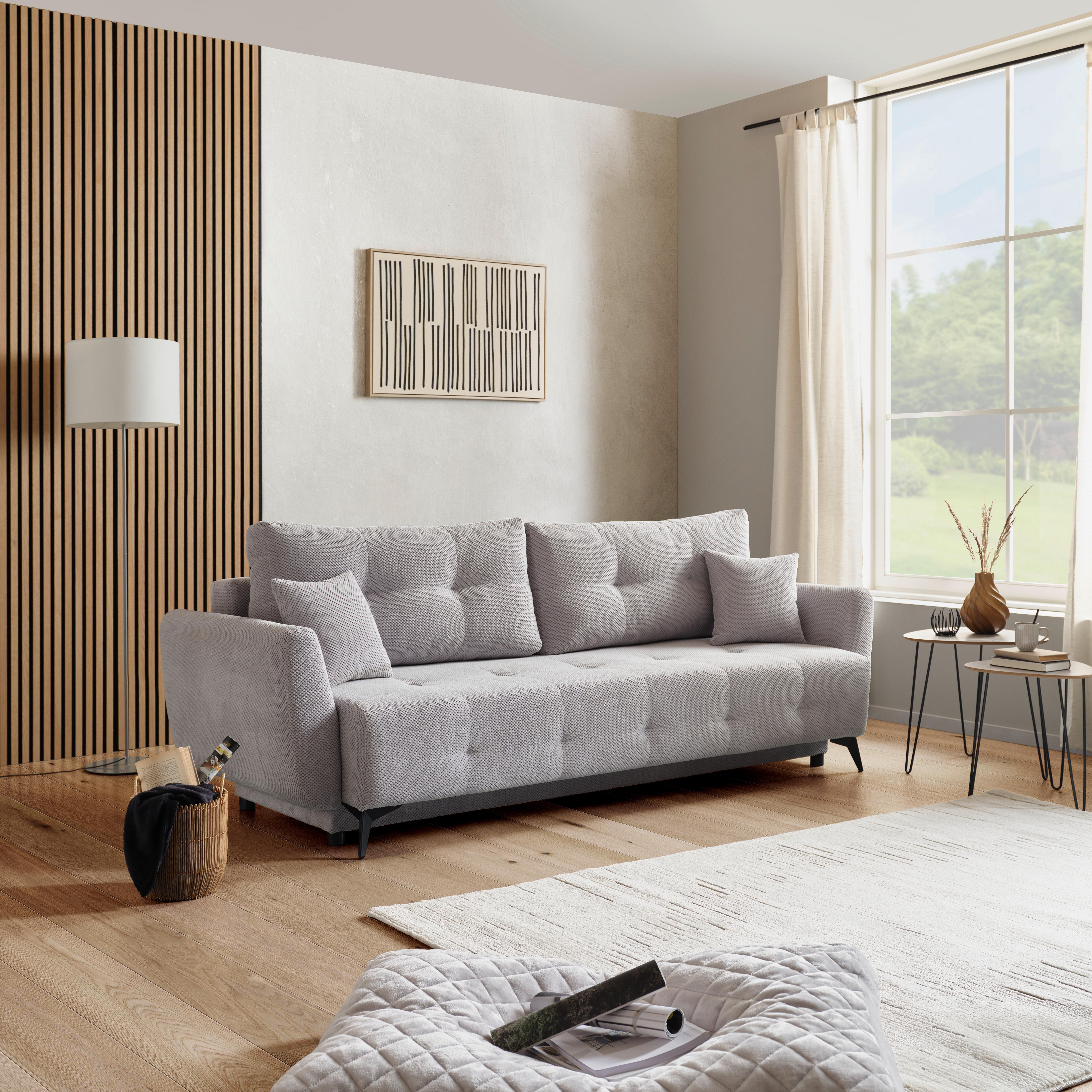 3-sitzer Sofa Schlaffunktion Costa Mit Bettkasten/zierkissen - Hellgrau/Schwarz, MODERN, Kunststoff/Textil (230/90/92cm) - Luca Bessoni