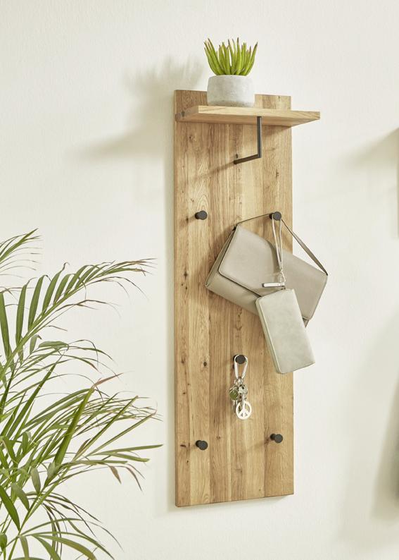 Garderobenpaneel Eiche Massiv Hutablage 5 Haken B: 30 Cm - Eichefarben/Schwarz, Basics, Holz/Metall (30/100/20cm)