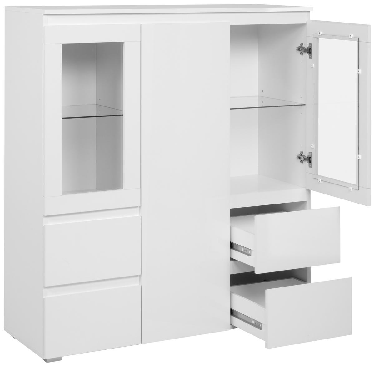 Highboard Capetown Weiß HG B: 116 cm - Weiß Hochglanz/Silberfarben, Trend, Glas/Holzwerkstoff (116/126/40cm)