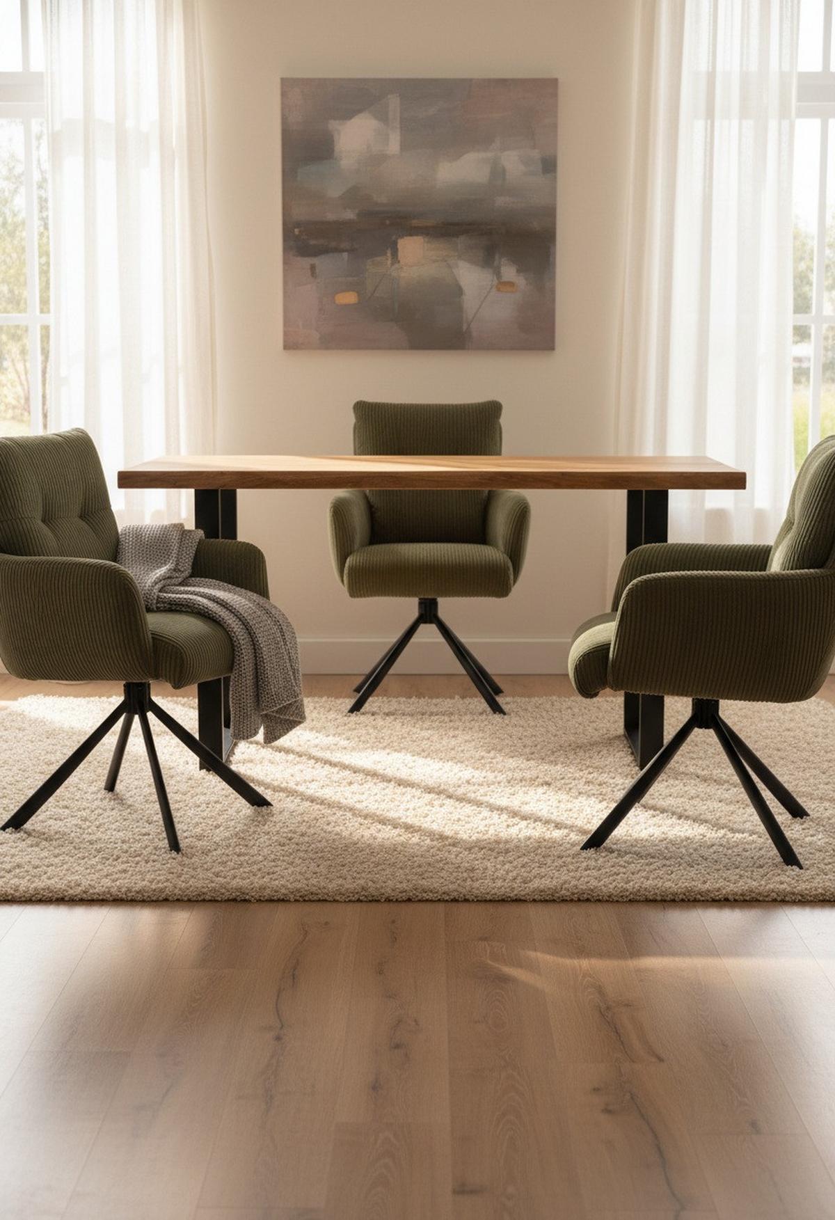 Armlehnstuhl Leni Cord Grün Sitzfl. 180° drehbar, B: 60cm - Schwarz/Grün, KONVENTIONELL, Textil/Metall (60/95/67cm) - MID.YOU