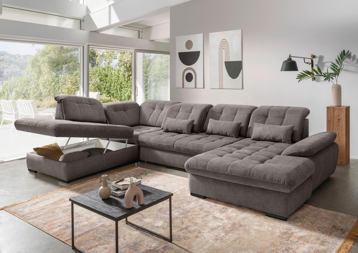 Wohnlandschaft Mit Bettkasten Rigatti Graubraun B: 387 Cm - Graubraun/Schwarz, MODERN, Textil (252/387/184cm) - Livetastic