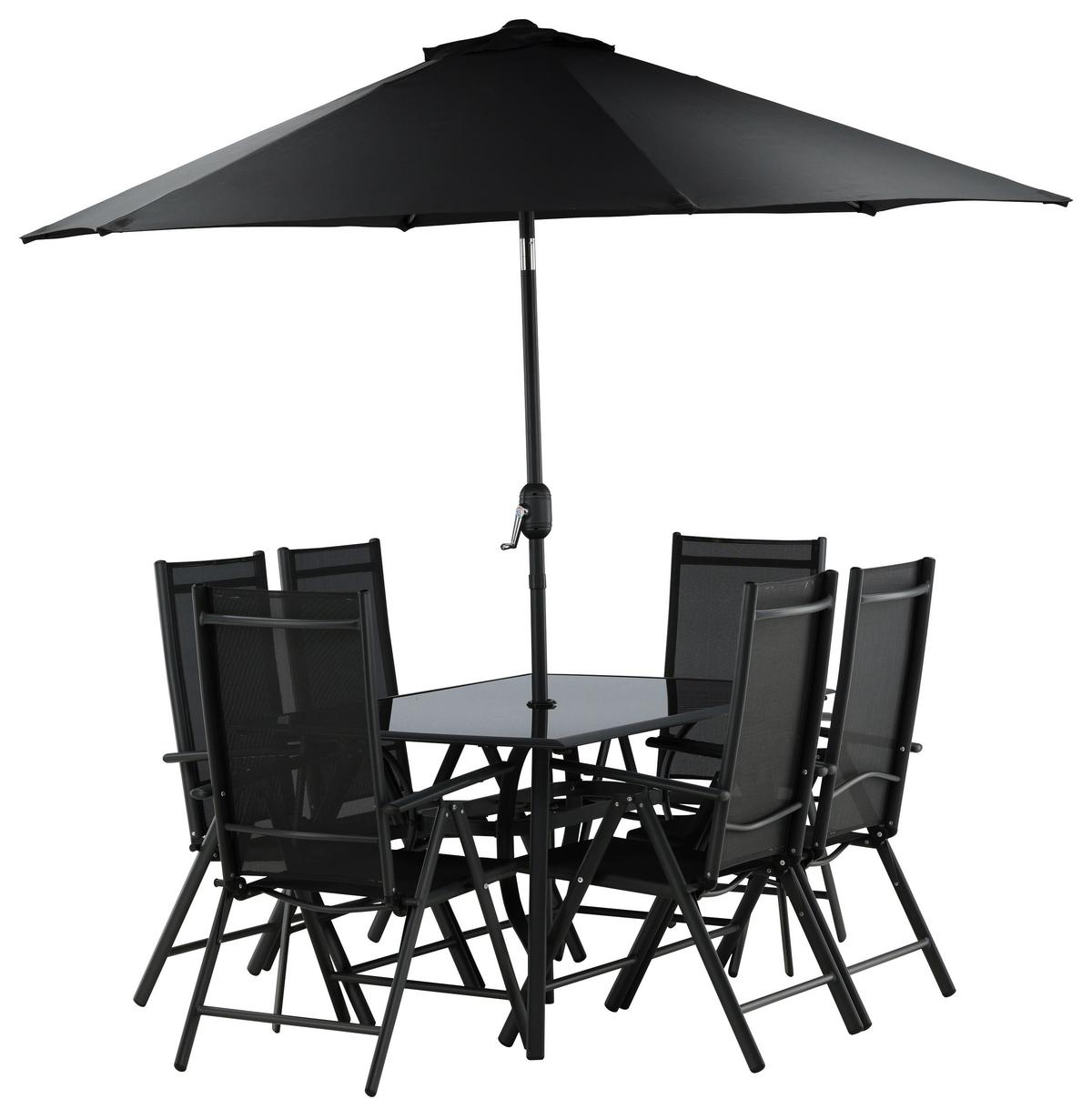 Gartentischgruppe 8-Tlg Brekki aus Aluminium mit Schirm - Schwarz, KONVENTIONELL, Glas/Metall - Gardenson