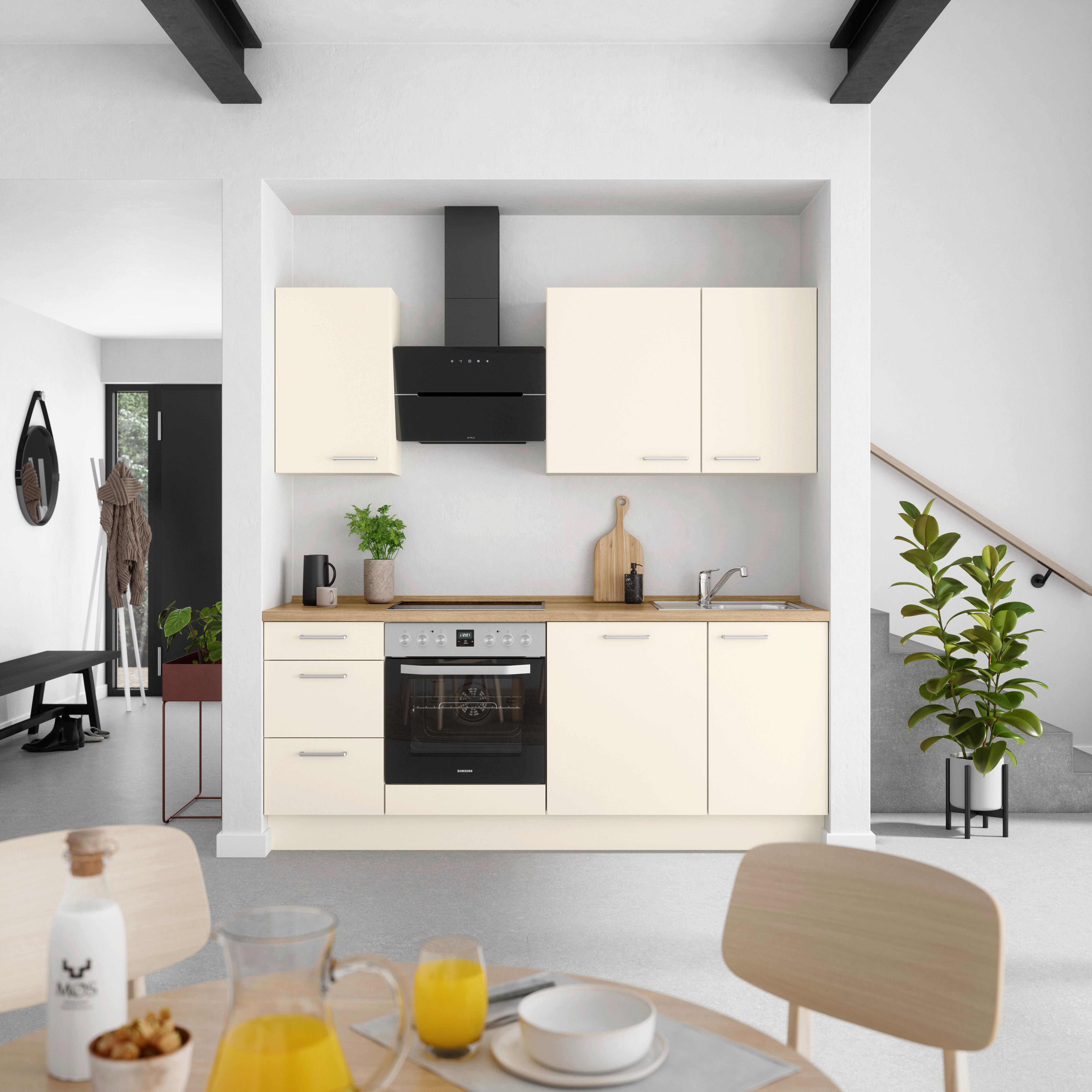 Kuchyňská linka 210 cm, magnóliová supermatná - barvy dubu/magnolie, Moderní, kov/kompozitní dřevo (210cm) - Nobilia
