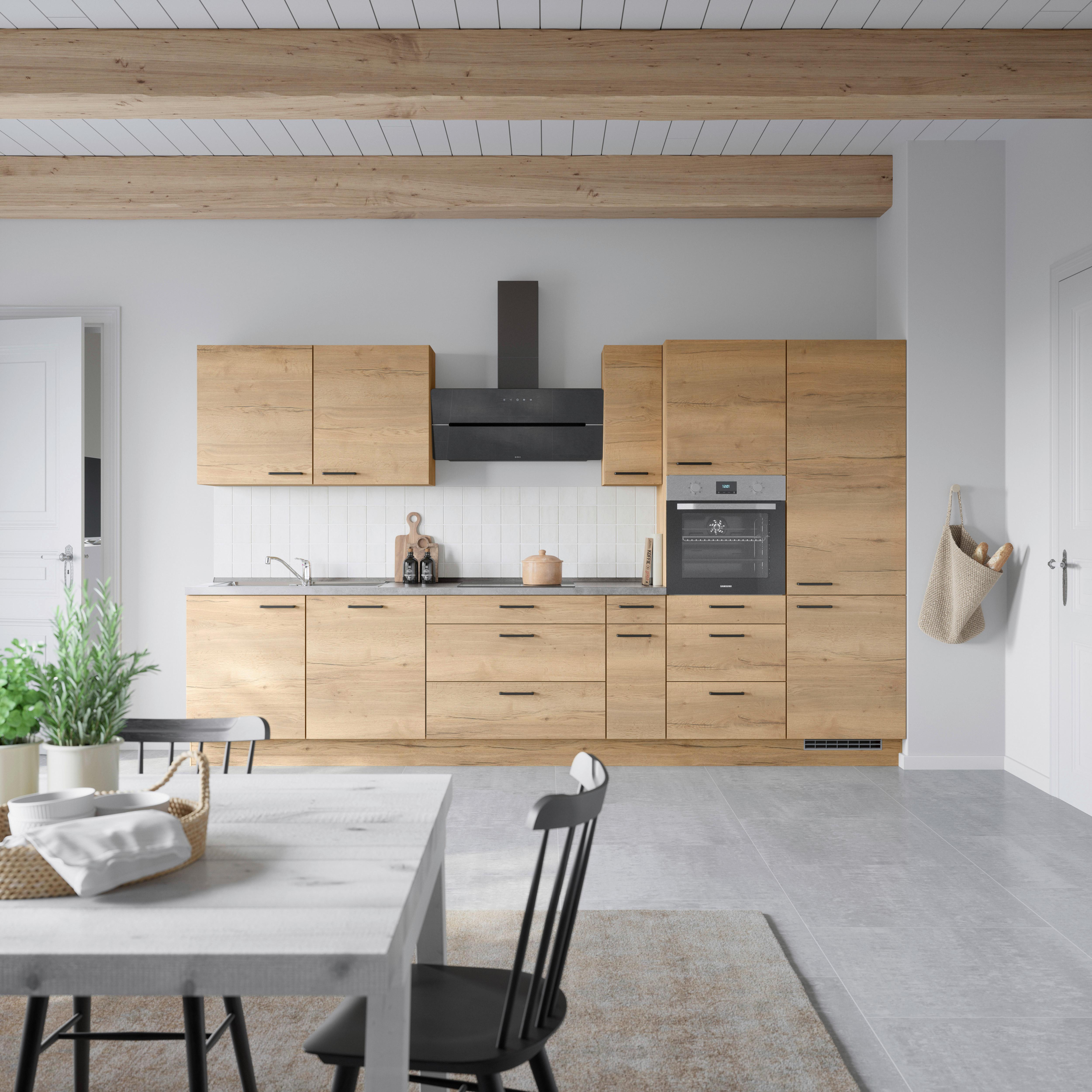 Kuchynská linka 360 cm, dub Sierra - čierna/farba duba, Modern, kov/kompozitné drevo (360cm) - Nobilia
