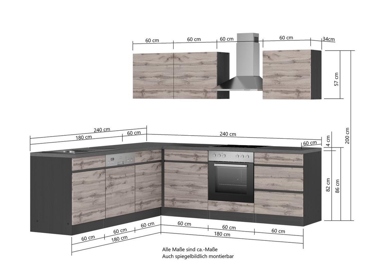 Eckküche Turin Mit Geräte 240x240 Cm Grau/eiche Dekor - Eiche Wotan/Grau, Design, Holzwerkstoff (240/240cm) - Held