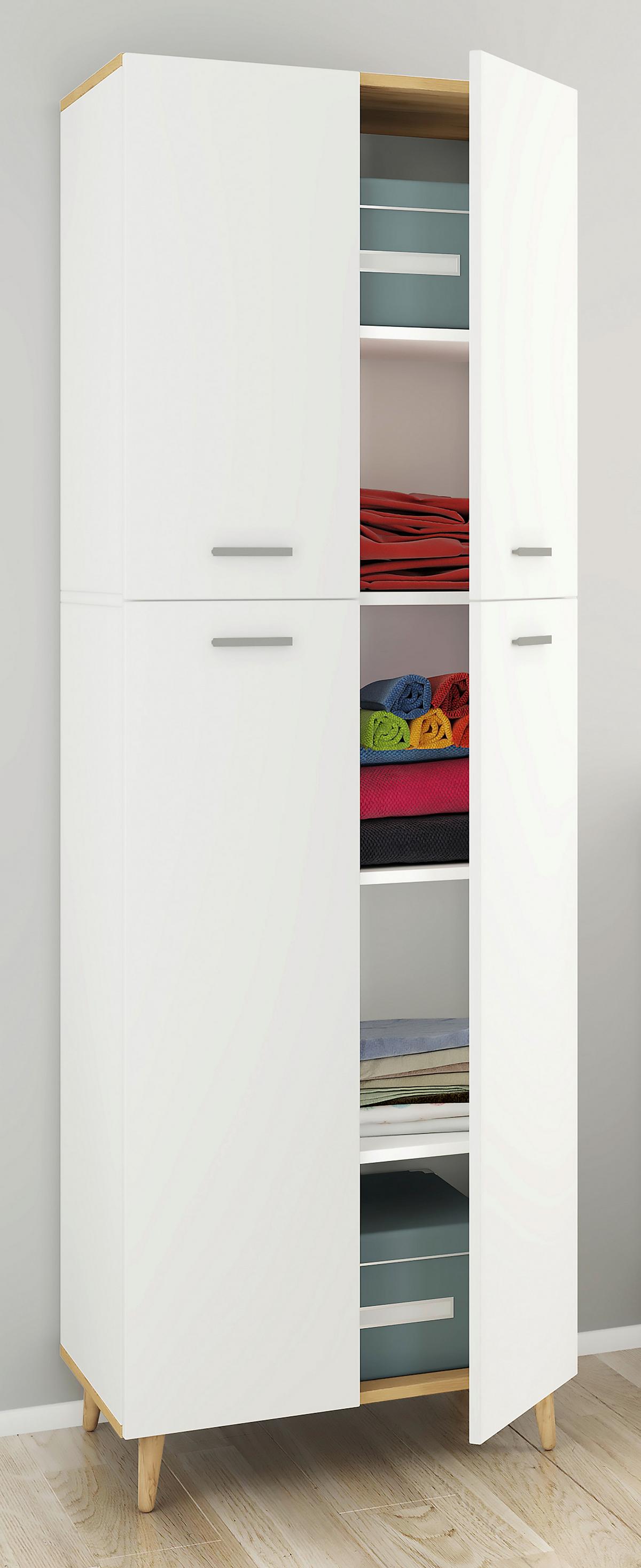 Víceúčelová skříň LANDOS, bílá/medový dub - bílá/šedá, Moderní, kompozitní dřevo/plast (60/184/39cm) - MID.YOU
