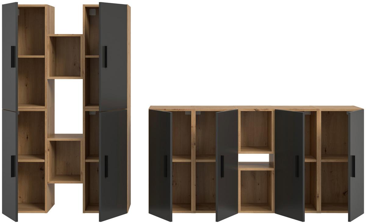 Wohnwand, The One 5, B: 270 cm Grau/Artisan Eiche Dekor - Schwarz/Eiche Artisan, Trend, Holzwerkstoff (270/182/34cm)