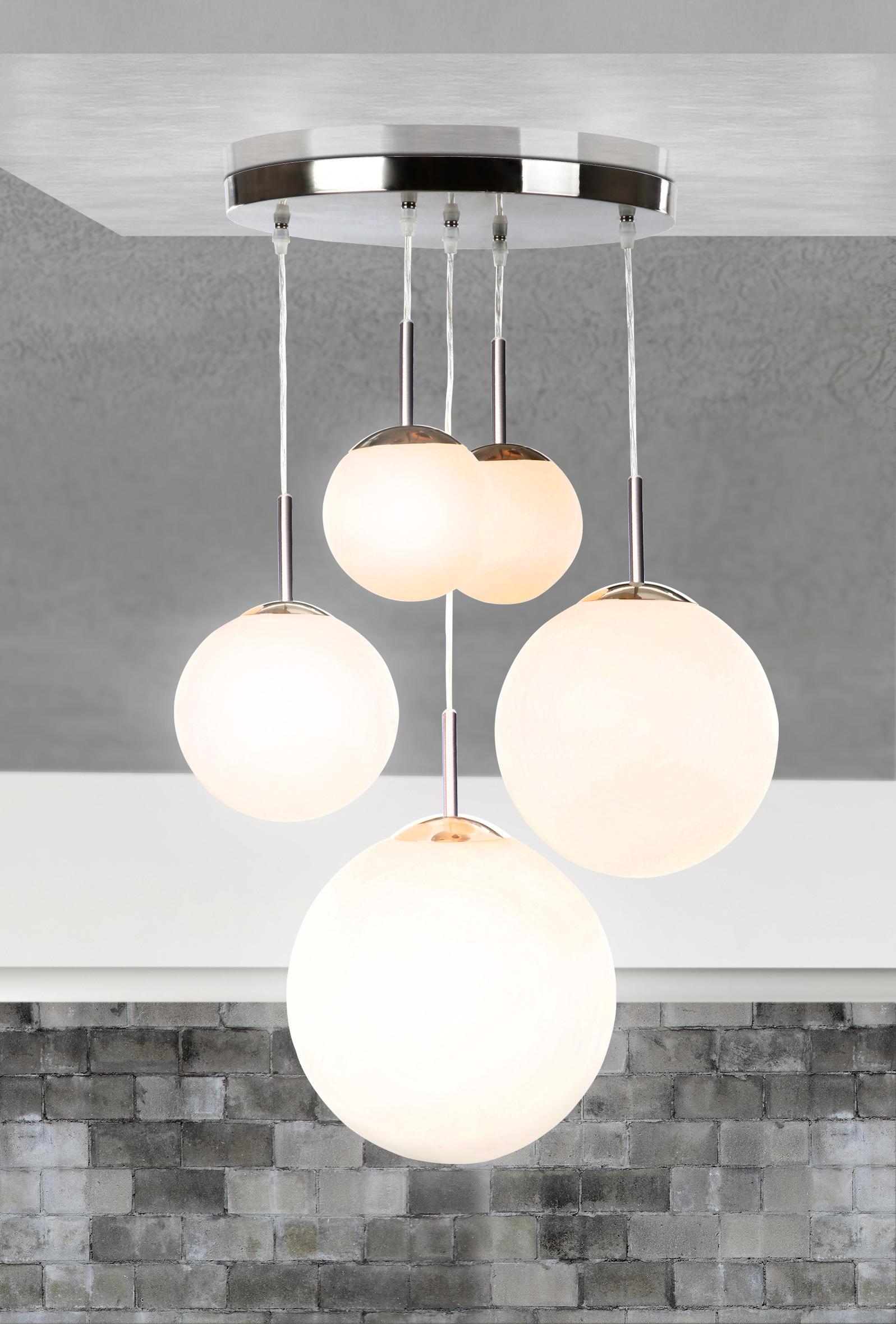 Hängeleuchte Balla H: 90 Cm 5-Flammig, Mit Opalglas-Kugeln - Opal/Nickelfarben, Basics, Glas/Metall (50/90cm) - Globo