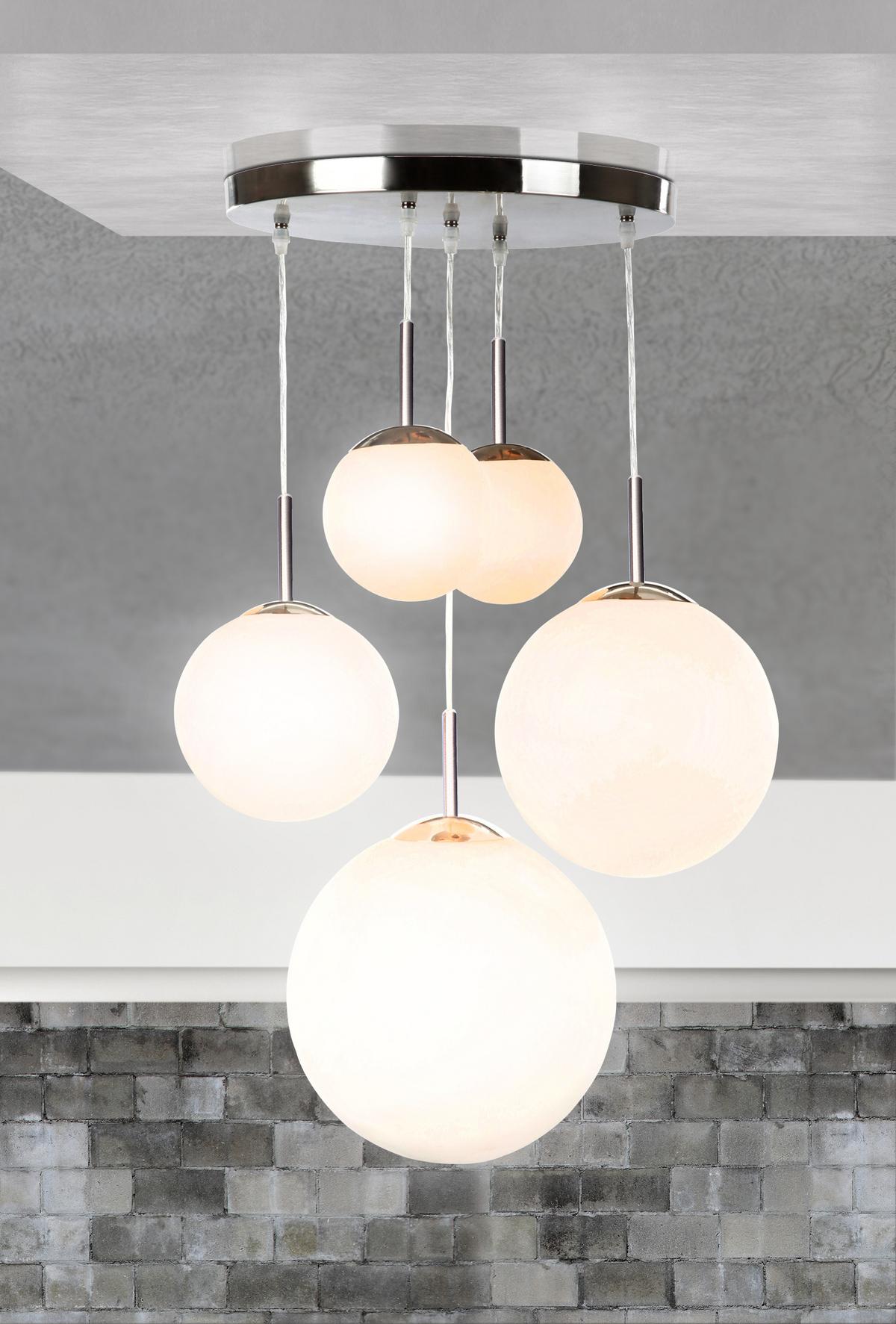 Hängeleuchte Balla H: 90 Cm 5-Flammig, Mit Opalglas-Kugeln - Opal/Nickelfarben, Basics, Glas/Metall (50/90cm) - Globo