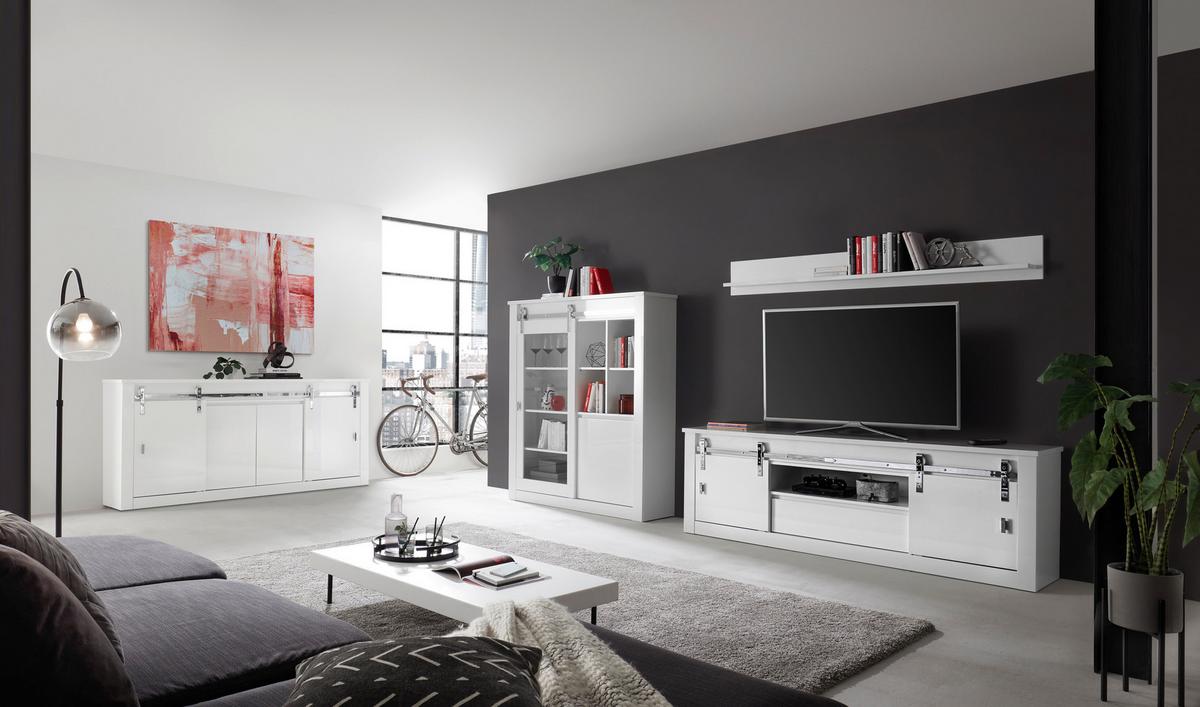 WOHNWAND Daytona Weiß HG B: 349 cm - Weiß Hochglanz/Weiß, Design, Holzwerkstoff (349/170/43cm) - Livetastic