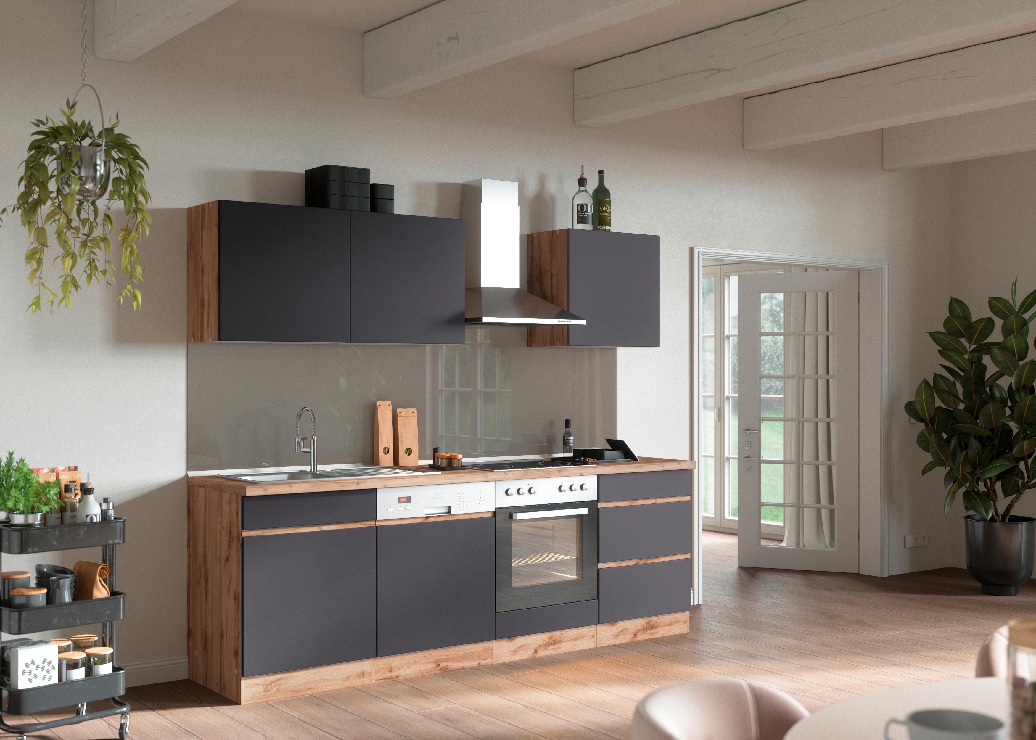 Küchenzeile Turin ohne Geräte B: 240cm Grau/Wotaneiche Dekor - Eiche Wotan/Grau, Design, Holzwerkstoff (240cm) - Held