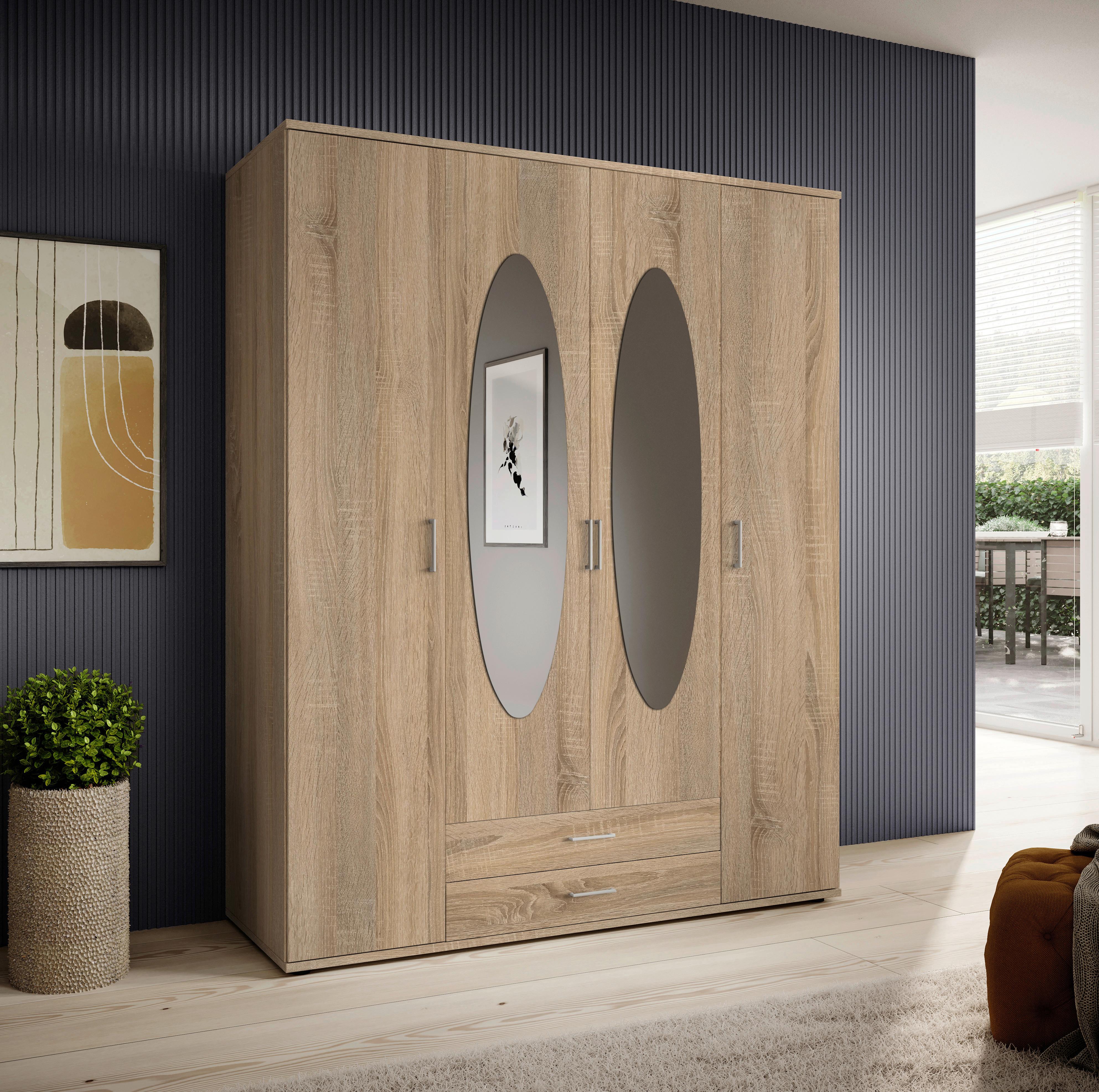 Drehtürenschrank Mit Spiegel 159cmpaul,eiche Sonoma 4-Türig - Sonoma Eiche, Basics, Glas/Holzwerkstoff (159/196/54cm)