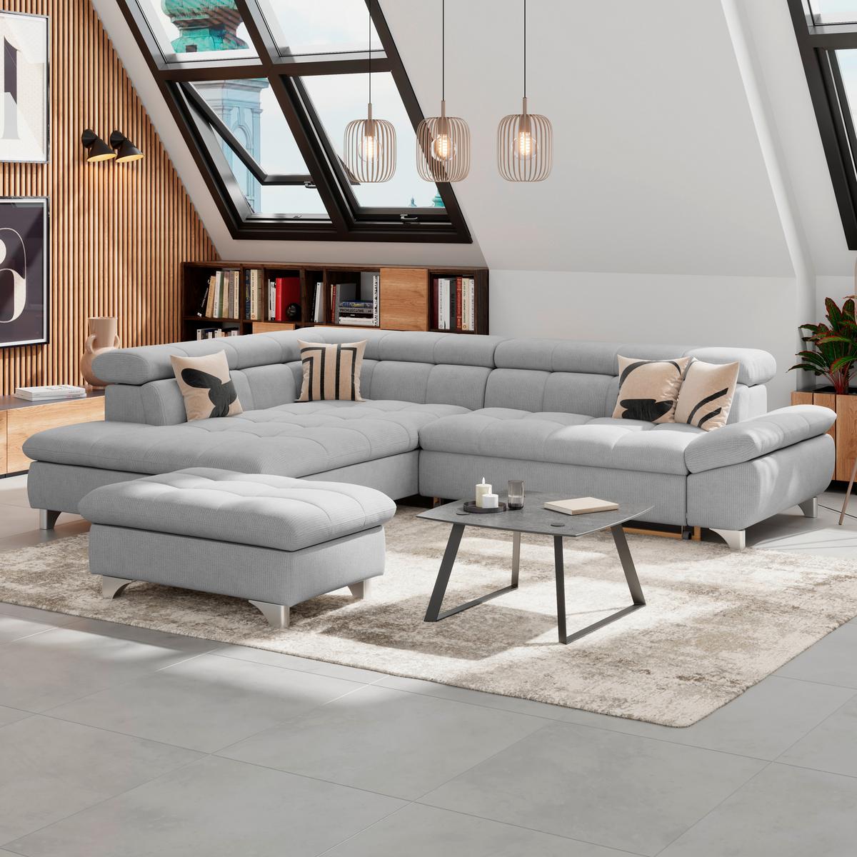 Ecksofa Mit Schlaffunktion Gemini Grau 234x312 Cm - Chromfarben/Hellgrau, KONVENTIONELL, Textil (234/312cm)