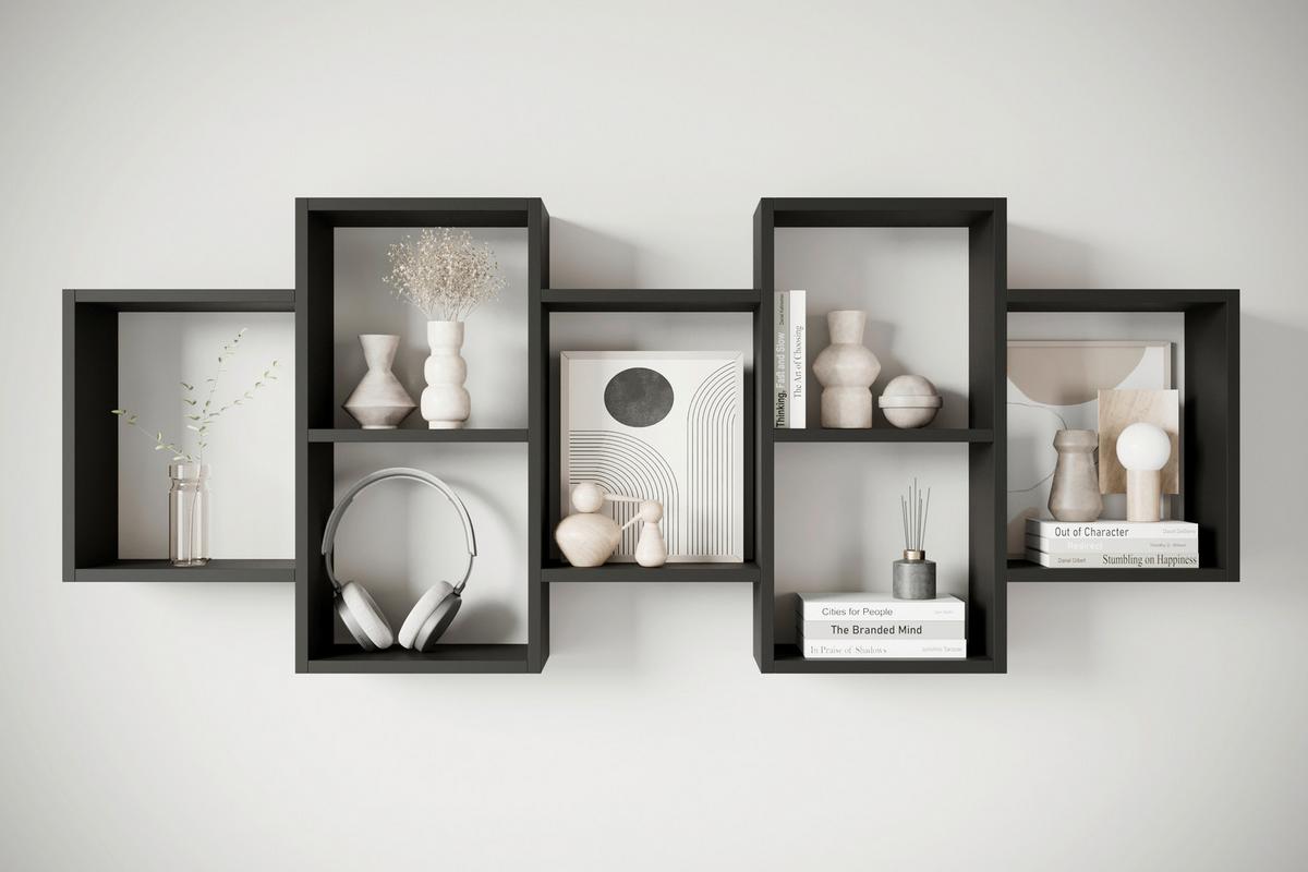 Wandregal Trio Schwarz B: 160,8cm - Schwarz, Basics, Holzwerkstoff (160,8/65/18cm)