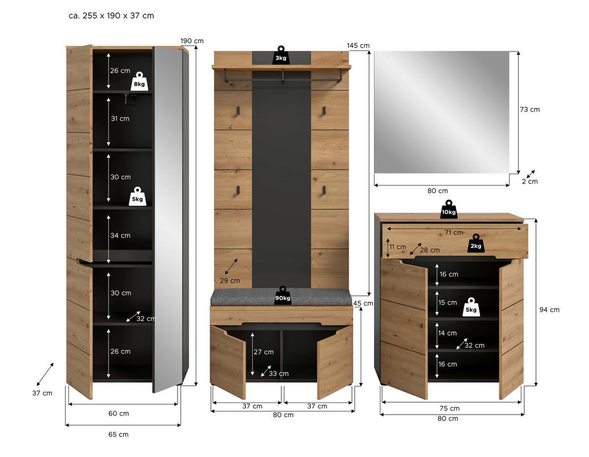 Garderobe Canu 6-teilig Eiche Artisan/grau B: 255 Cm - Eiche Artisan, Design, Holzwerkstoff (255/190/37cm) - Livetastic