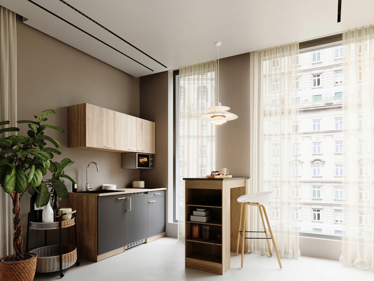 MINIKÜCHE Grau/Eichefarben B: 150cm - Eichefarben/Grau, Design, Holzwerkstoff (150cm) - Respekta