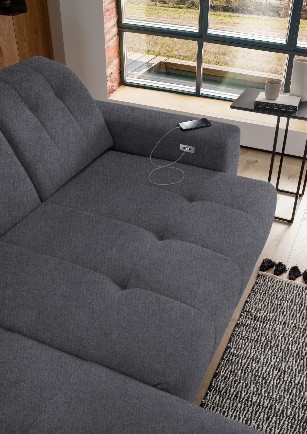 Ecksofa mit USB Anschluss Sano, Anthrazit, S: 180x258 cm - Anthrazit/Schwarz, MODERN, Textil (180/258cm) - Livetastic