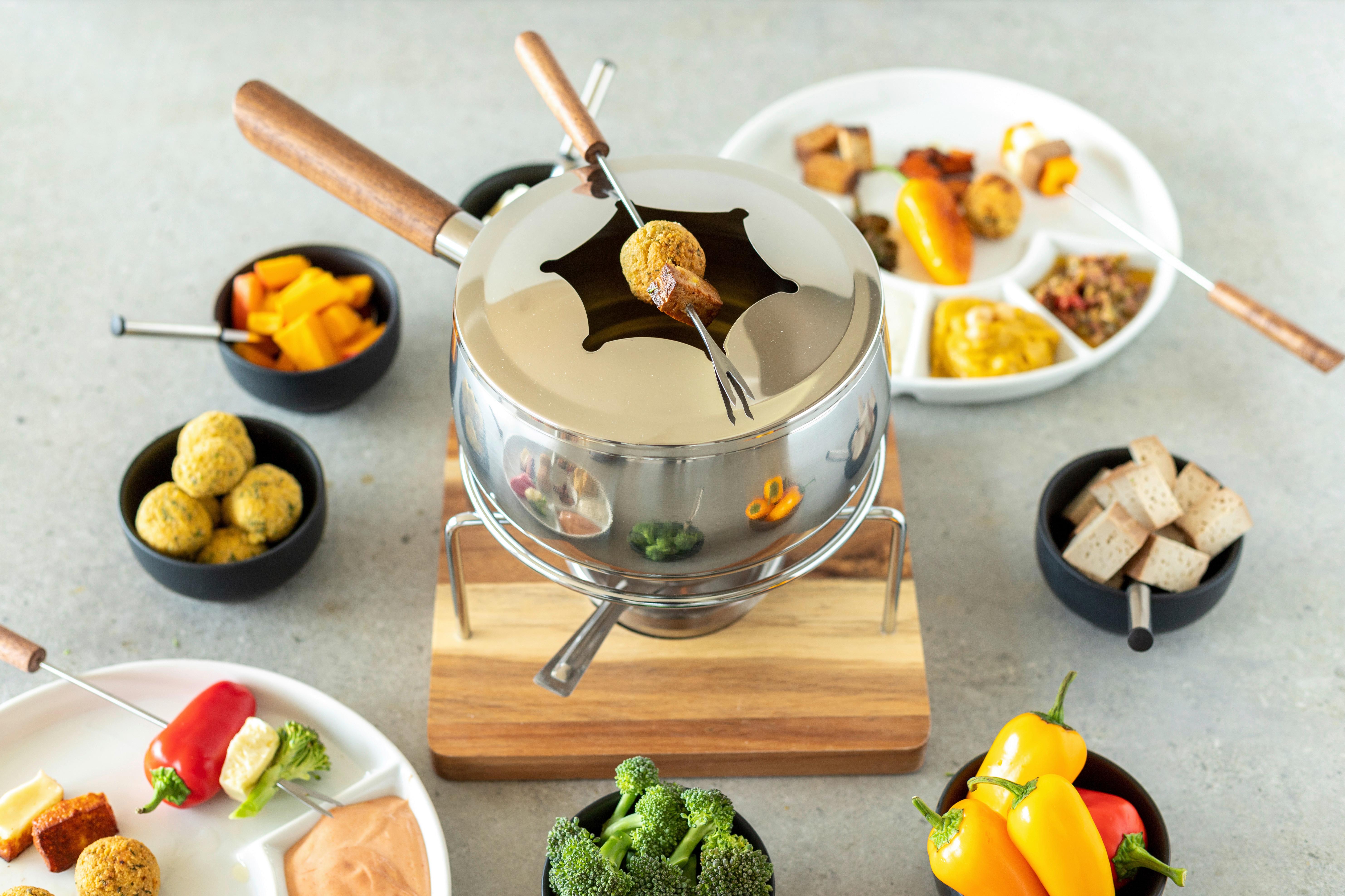 Fondue-Set 10-Teilig 6 Gabeln Edelstahl - Silberfarben/Braun, Trend, Holz/Metall (31/19,5/21cm) - Mäser