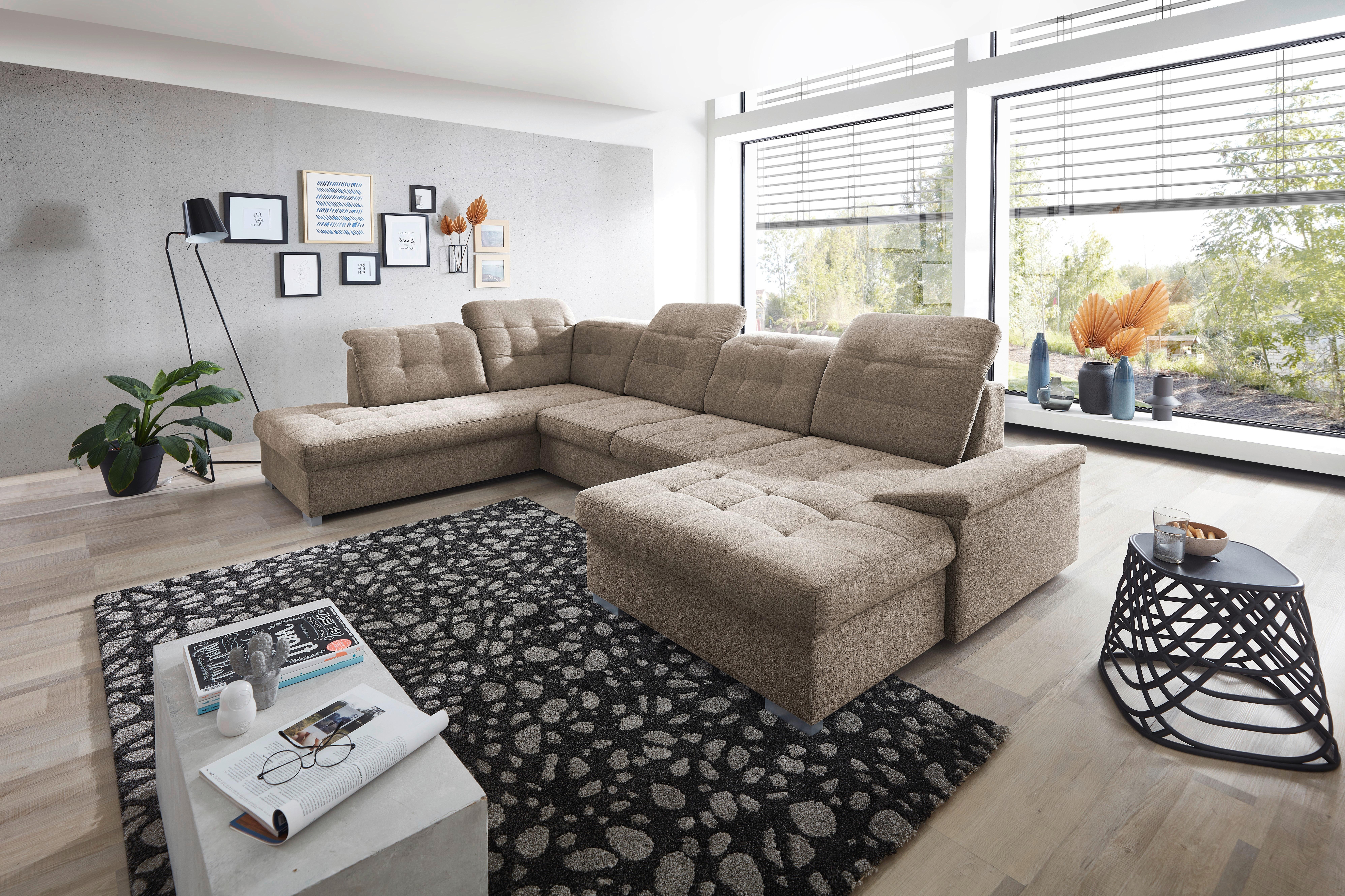 Wohnlandschaft Zira Mit Schlaffunktion Taupe - Taupe/Chromfarben, Design, Textil (212/330/169cm) - Livetastic