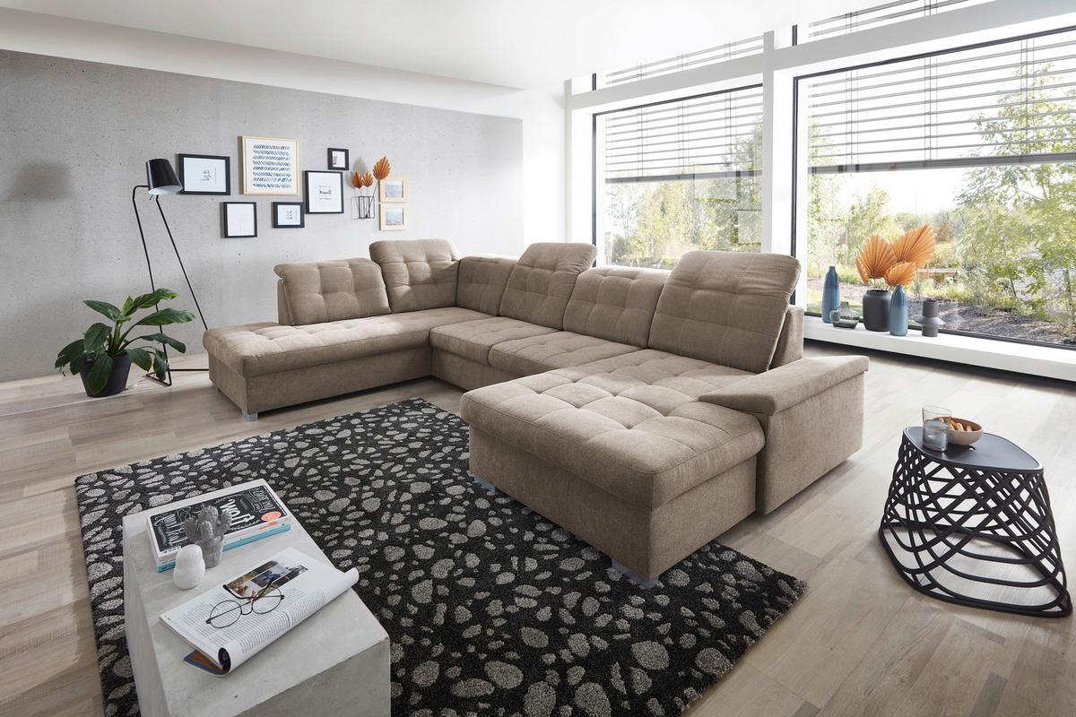 Wohnlandschaft Zira Mit Schlaffunktion Taupe - Taupe/Chromfarben, Design, Textil (212/330/169cm) - Livetastic
