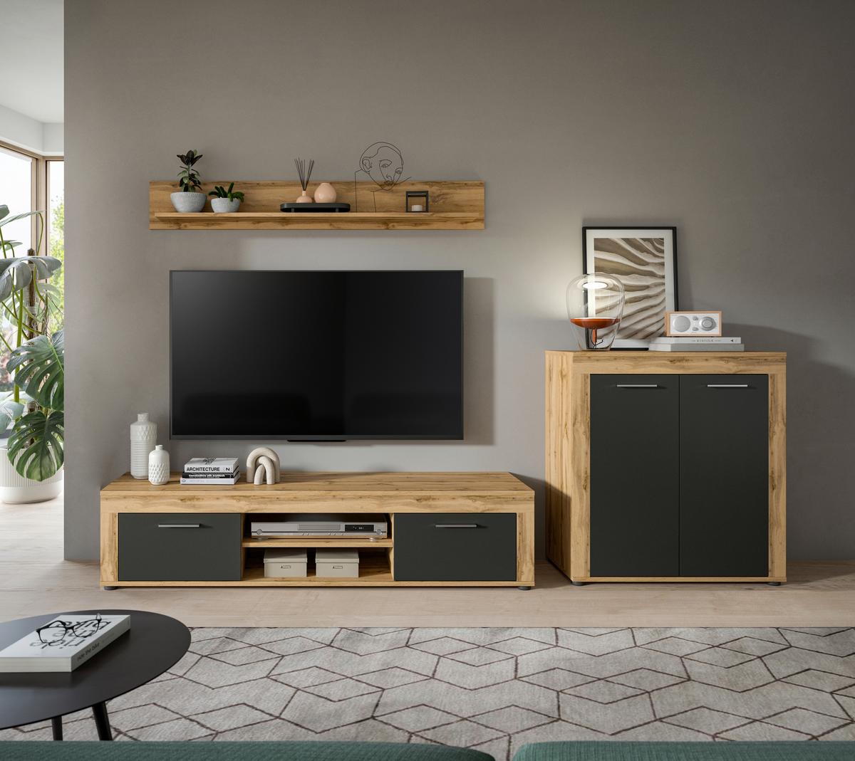 Wohnwand Jam Eiche Dekor Anthrazit 3-Teilig B: 255 Cm - Anthrazit/Eiche Wotan, Design, Holzwerkstoff (255/159/35cm) - MID.YOU