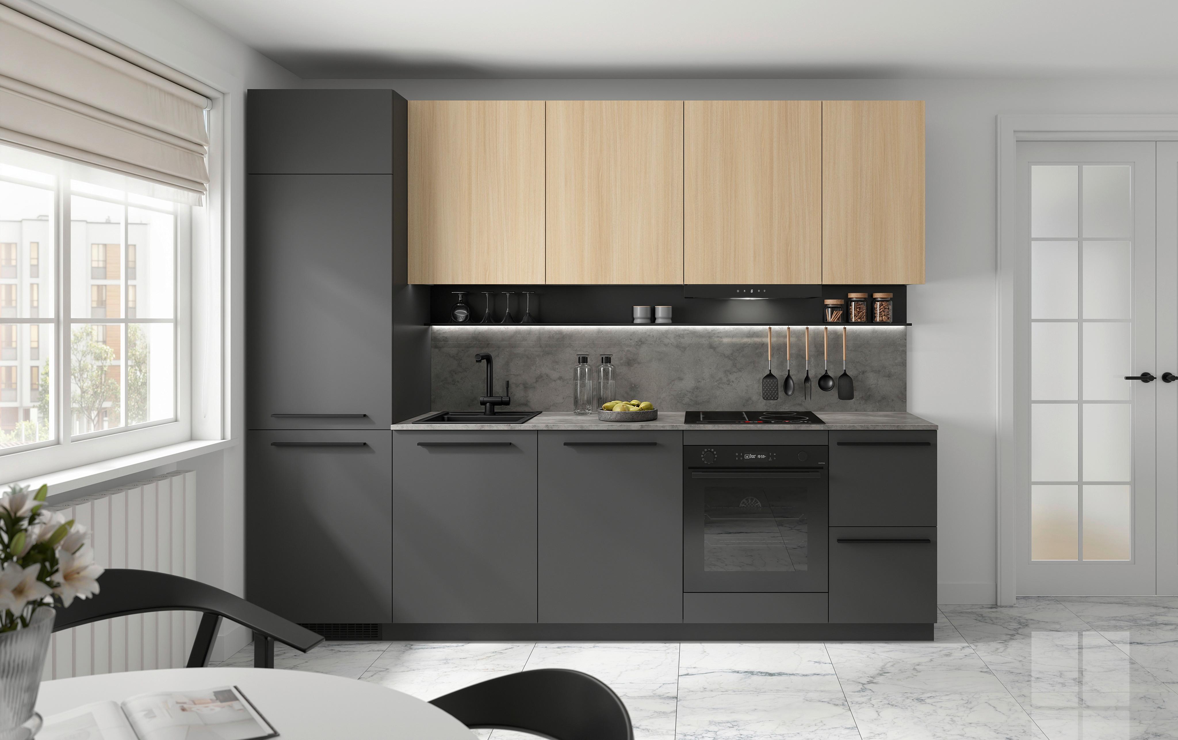 Kuchyňská linka, š.285 cm MILINO MEDIUM - šedá/barvy dubu, Basics, kompozitní dřevo/plast (285/230/60cm) - Visiona