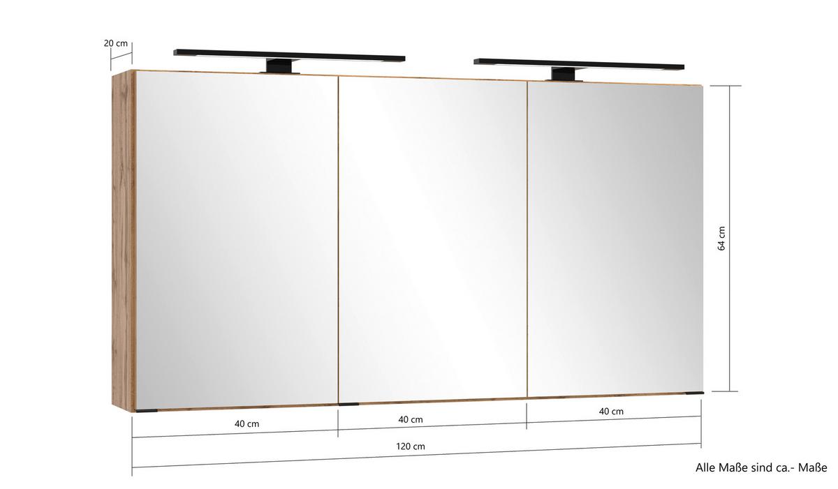 Spiegelschrank Chester mit LED Beleuchtung 3 Türen +Steckdose - Eiche Wotan, MODERN, Glas/Holzwerkstoff (120/64/20cm) - Held
