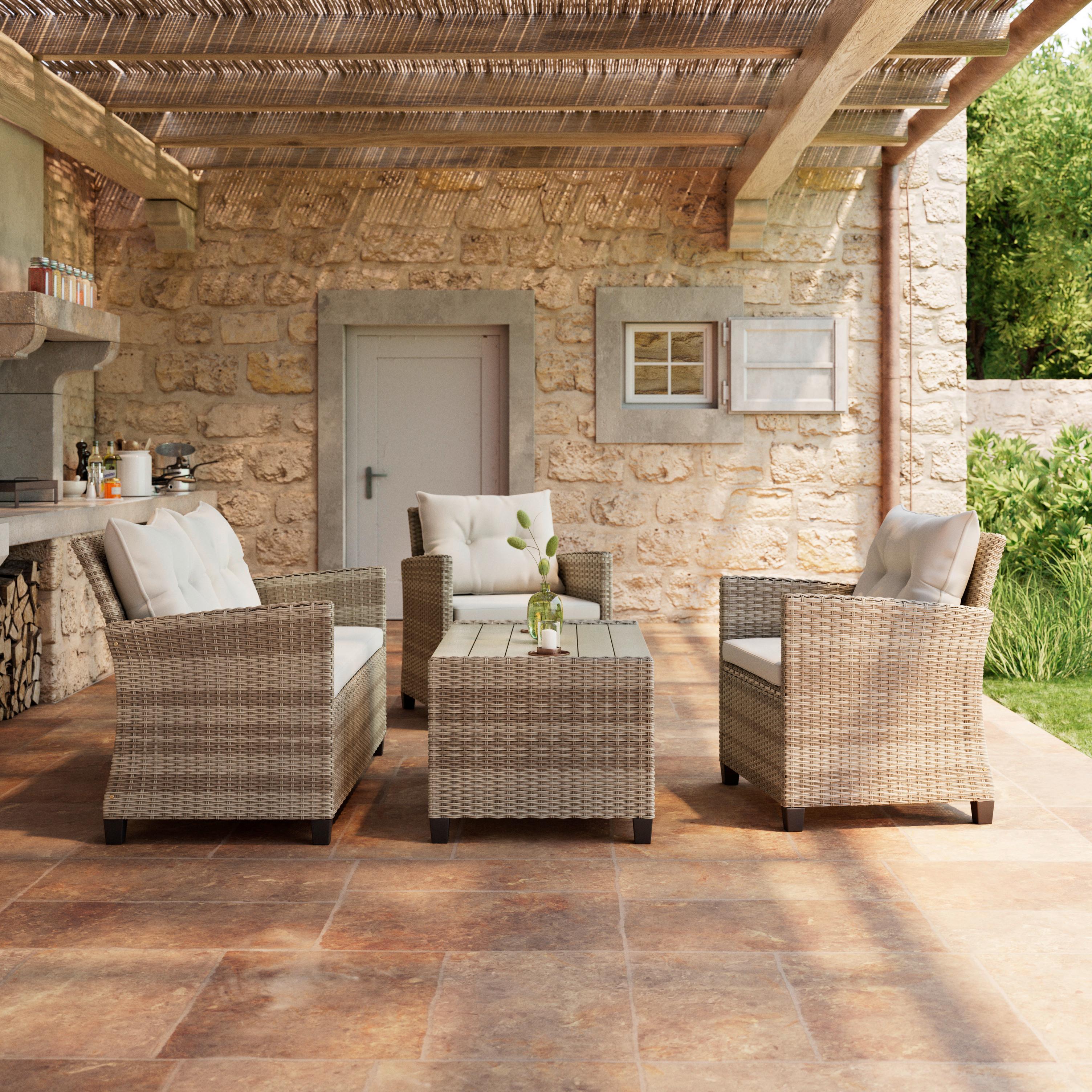 Loungegarnitur 4-Tlg. Kos Holz /Kunststoff/Metall mit Kissen - Beige/Creme, MODERN, Holzwerkstoff/Kunststoff - Luca Bessoni