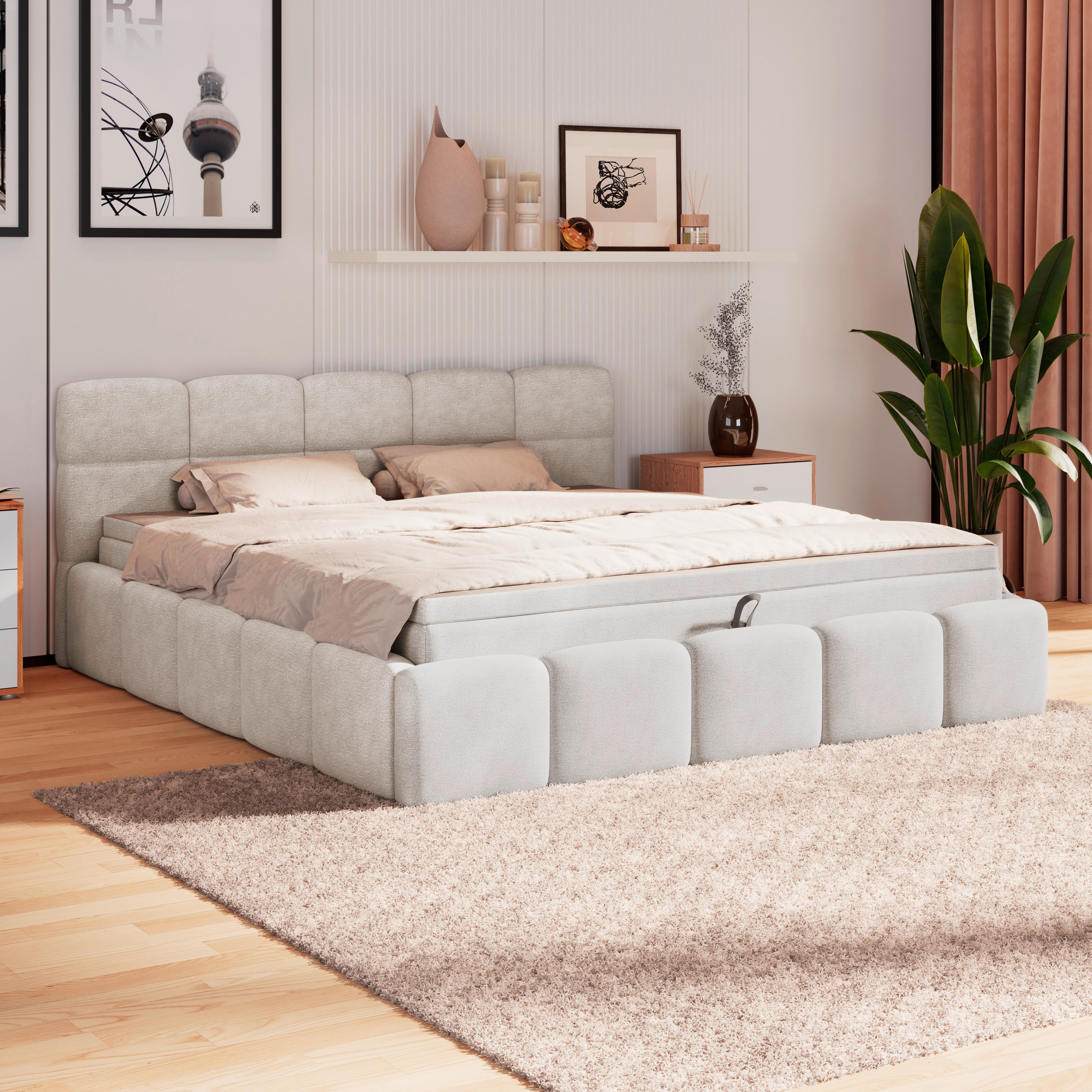 Polsterbett mit Matratze 180x200 Noe Cremefarben - Creme/Schwarz, Trend, Textil/Metall (180/200cm)