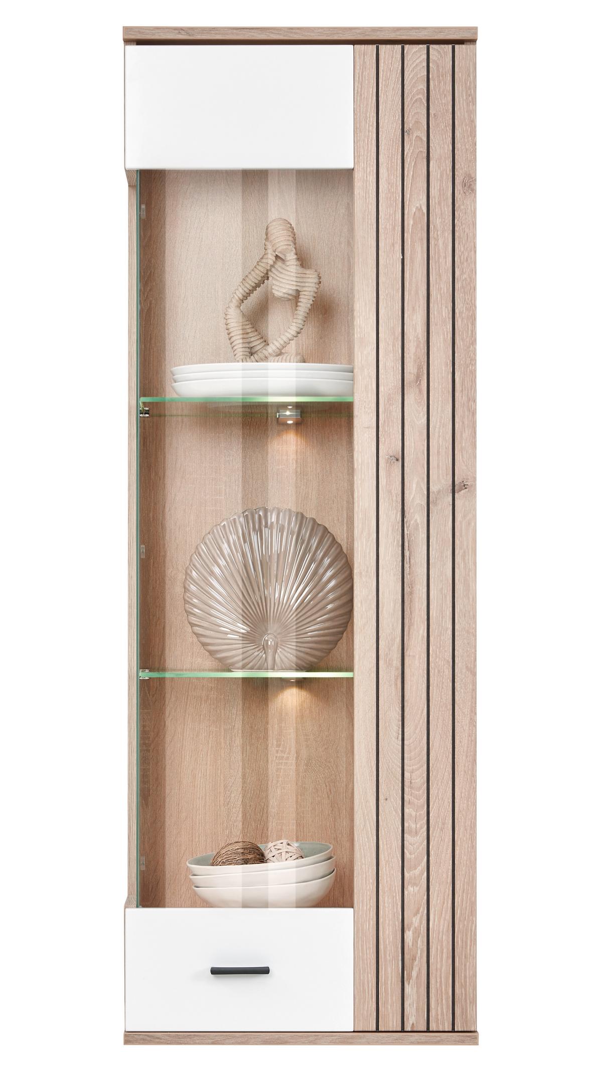 ZÁVĚSNÁ VITRÍNA LIVERPOOL - bílá/barvy dubu, Moderní, kov/kompozitní dřevo (45/129/38cm)