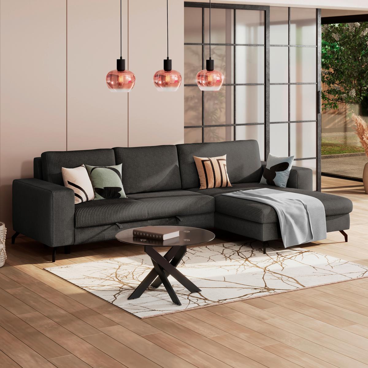 Ecksofa mit Schlaffunktion & Bettkasten Cloud Grau Cord - Grau, Trend, Textil (290/178cm)