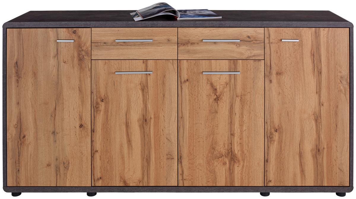 Kommode + Türdämpfer B: 174,4 cm Fontana New, Beton/Eiche - Eichefarben/Dunkelgrau, MODERN, Holzwerkstoff (174,4/87,2/40cm)