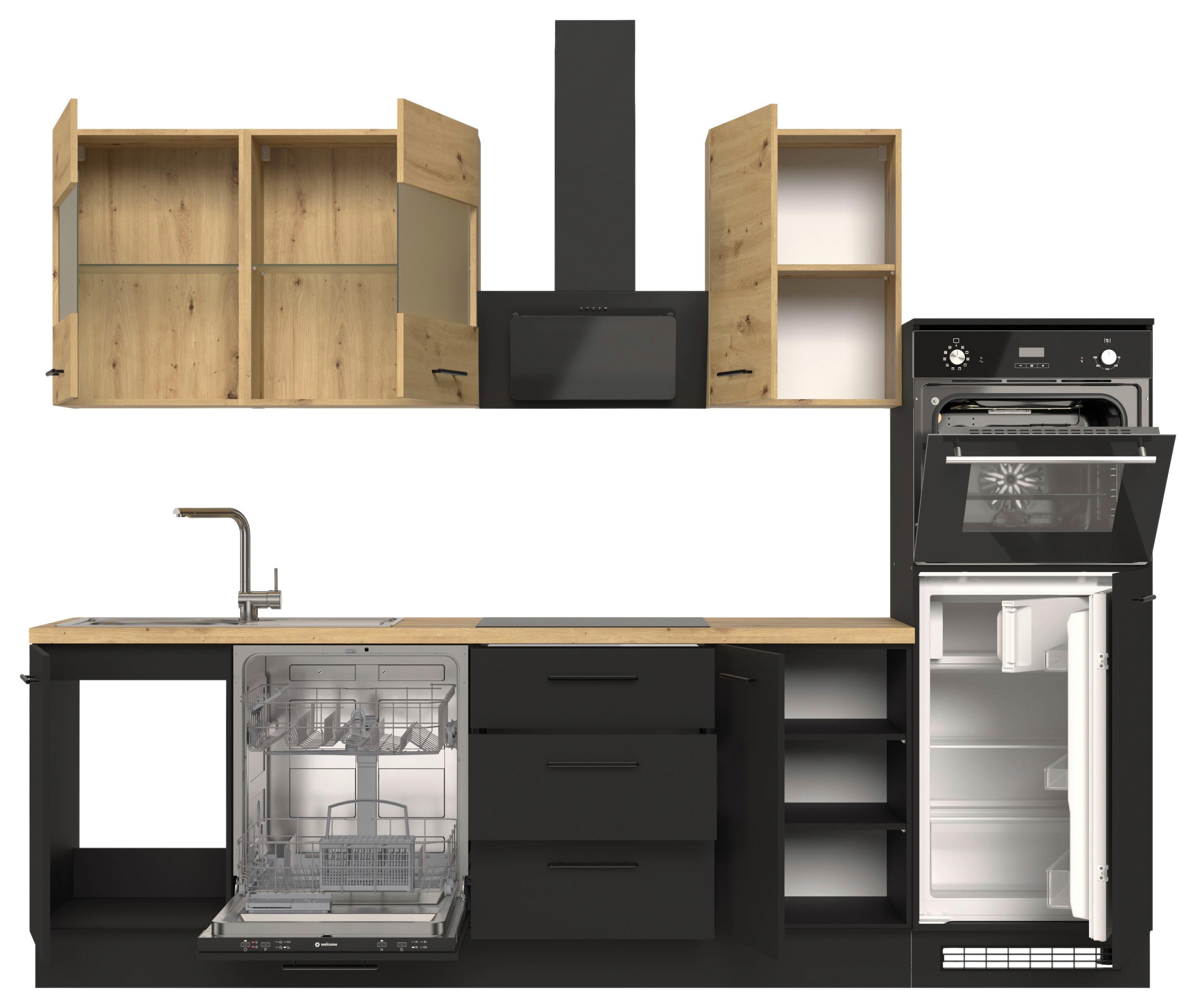 Küchenblock Capri Schwarz/Eiche Dekor B: 280 cm - Schwarz/Eiche Artisan, Basics, Glas/Holzwerkstoff (280cm) - MID.YOU