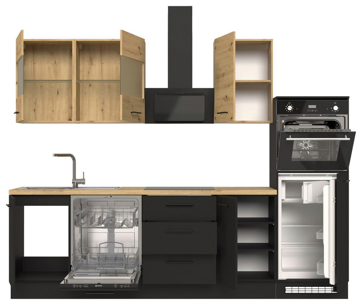 Küchenblock Capri Schwarz/Eiche Dekor B: 280 cm - Schwarz/Eiche Artisan, Basics, Glas/Holzwerkstoff (280cm) - MID.YOU