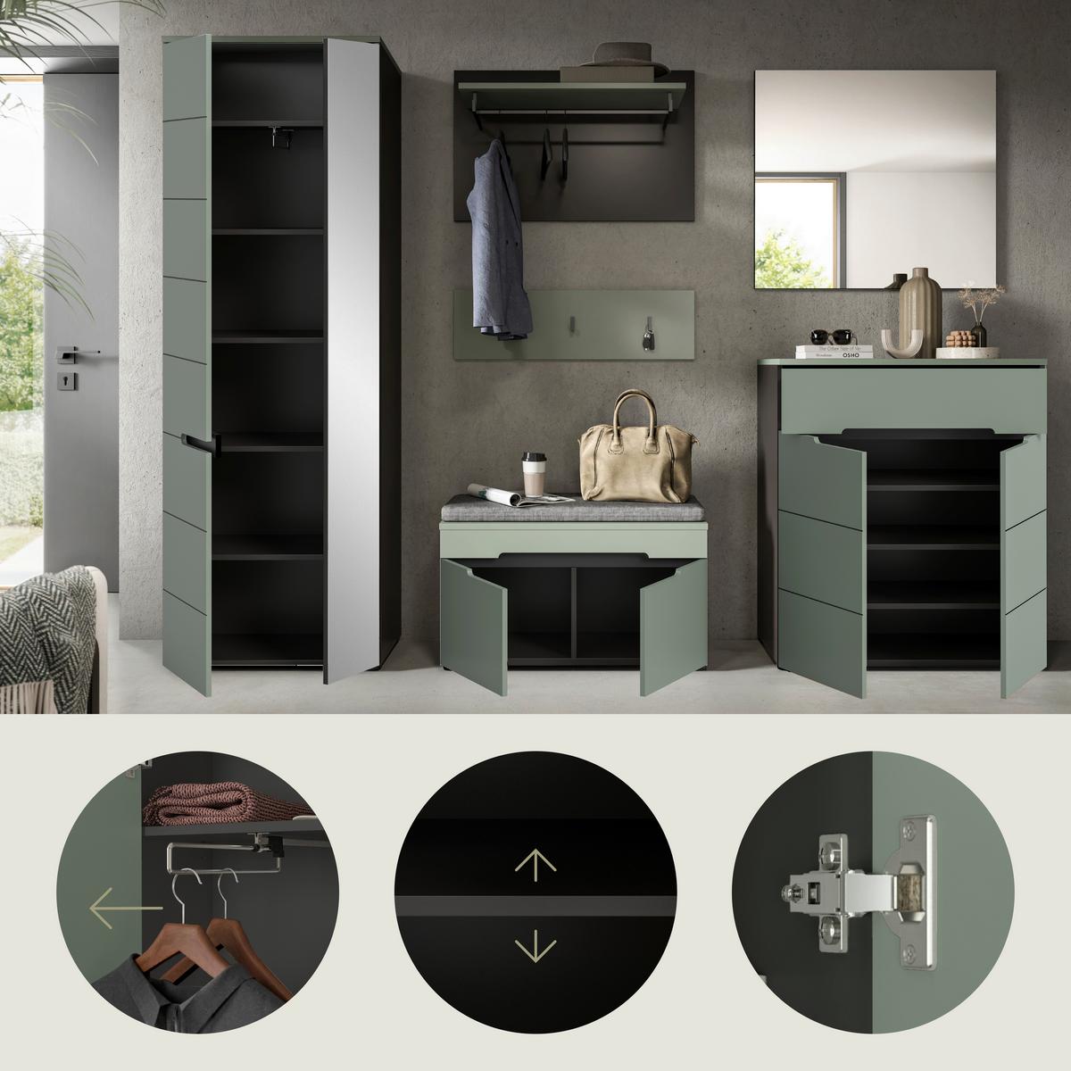 Garderobe Canu 5-Teilig Grau/Grün B: 255 cm - Graugrün/Grau, Design, Holzwerkstoff (255/190/37cm) - Livetastic