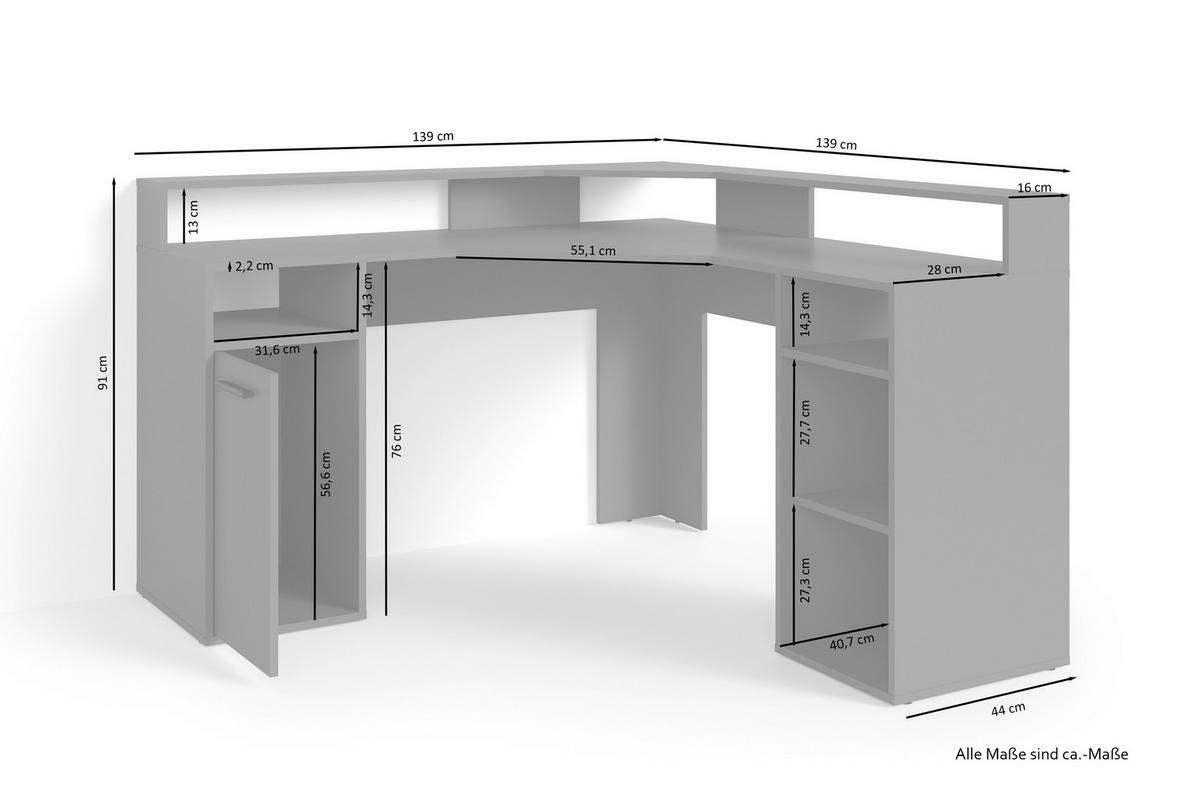 Eckschreibtisch mit Stauraum B: 139 cm Fox Antharzit/Weiß - Anthrazit/Weiß, KONVENTIONELL, Holzwerkstoff (139/139/90cm) - MID.YOU