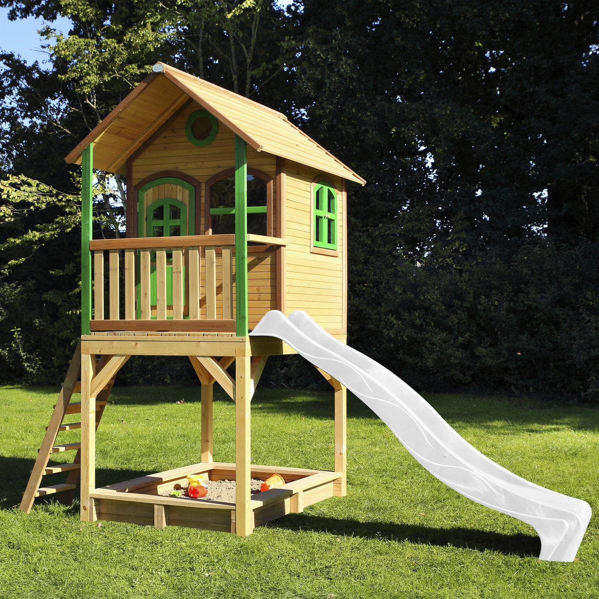 Spielhaus Sarah Braun/grün/weiß B: 370 Cm - Weiß/Braun, KONVENTIONELL, Holz (370/291/191cm) - Ambia Garden