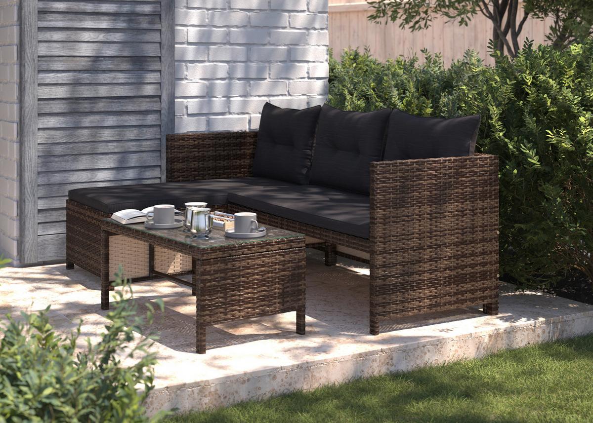 Loungegarnitur 3-Tlg. Vegas Polyrattan/Stahl mit Kissen - Graubraun/Schwarz, MODERN, Glas/Kunststoff - Luca Bessoni