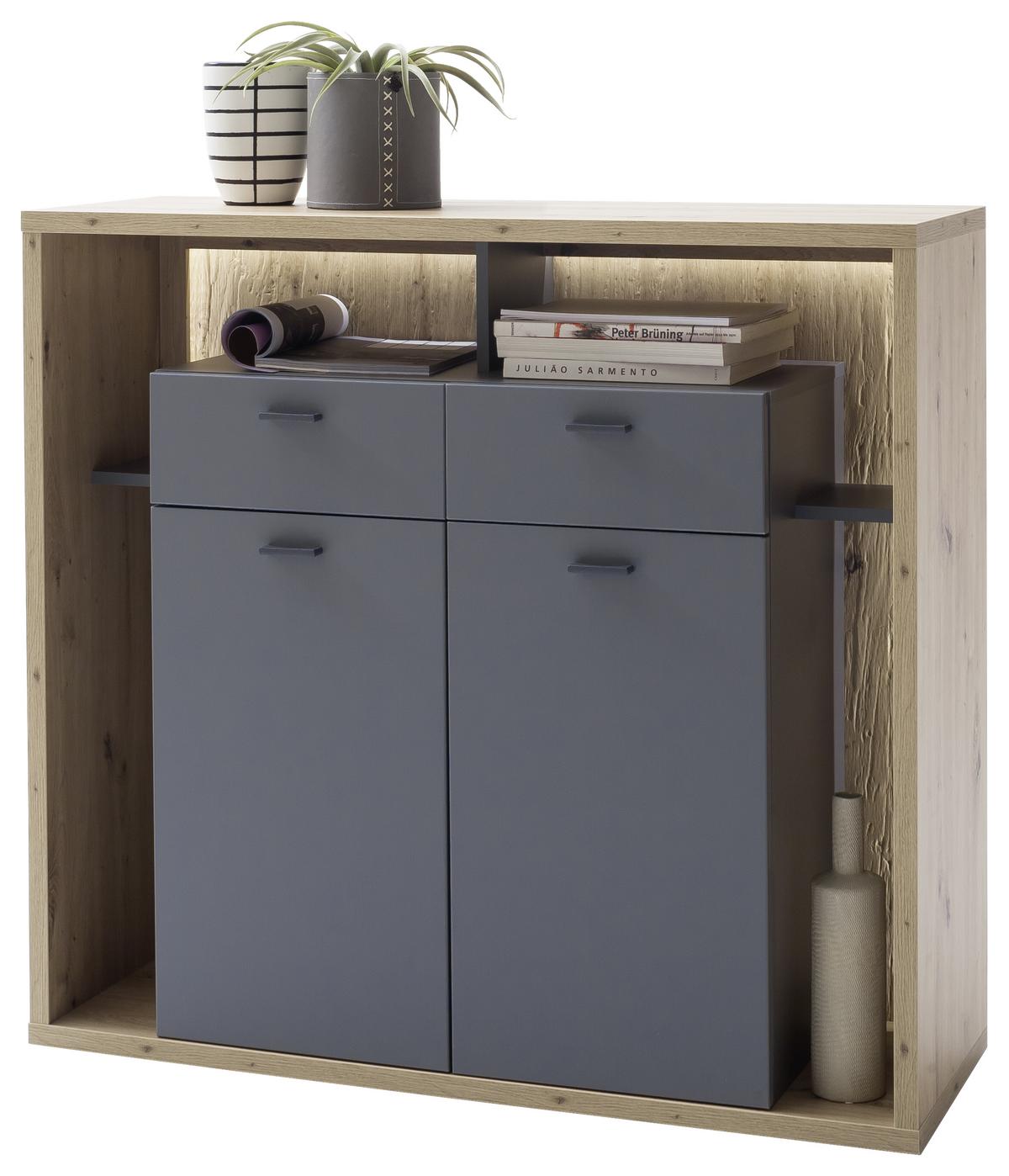 Highboard B: 115 cm Lizzano Grau/Eichefarben - Eichefarben/Grau, Design, Holzwerkstoff (115/108/40cm) - MID.YOU