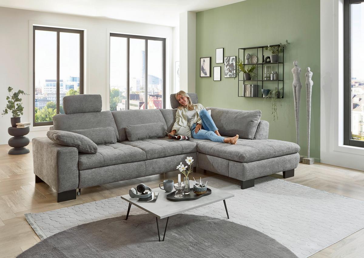 Rohová sedačka LANDO, pravá, šedá žinylka, s funkcemi - šedá/černá, Moderní, kov/textil (289/197cm) - Premium Living