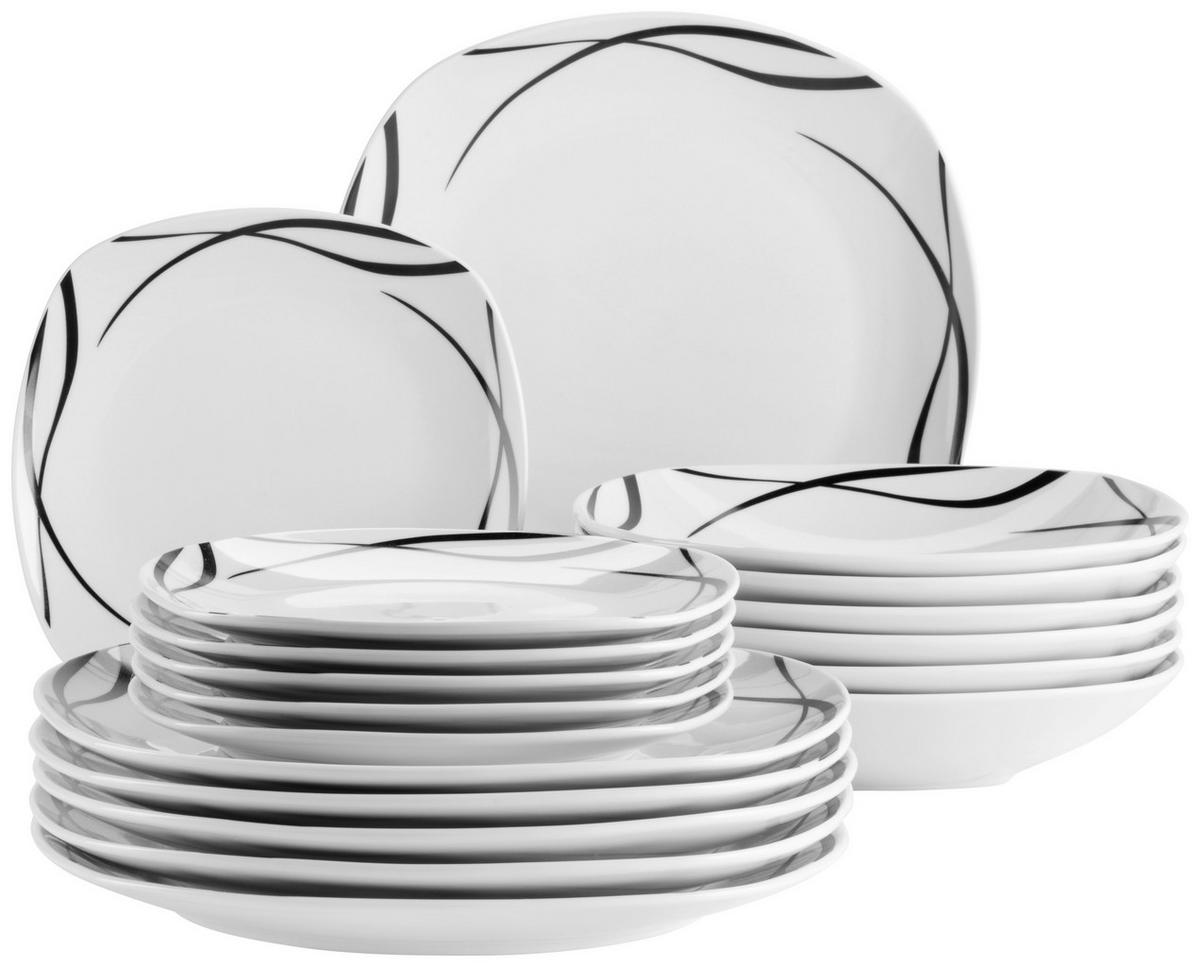 Tellerset Decora Schwarz/Weiß, 18-teilig - Schwarz/Weiß, Trend, Keramik - Mäser