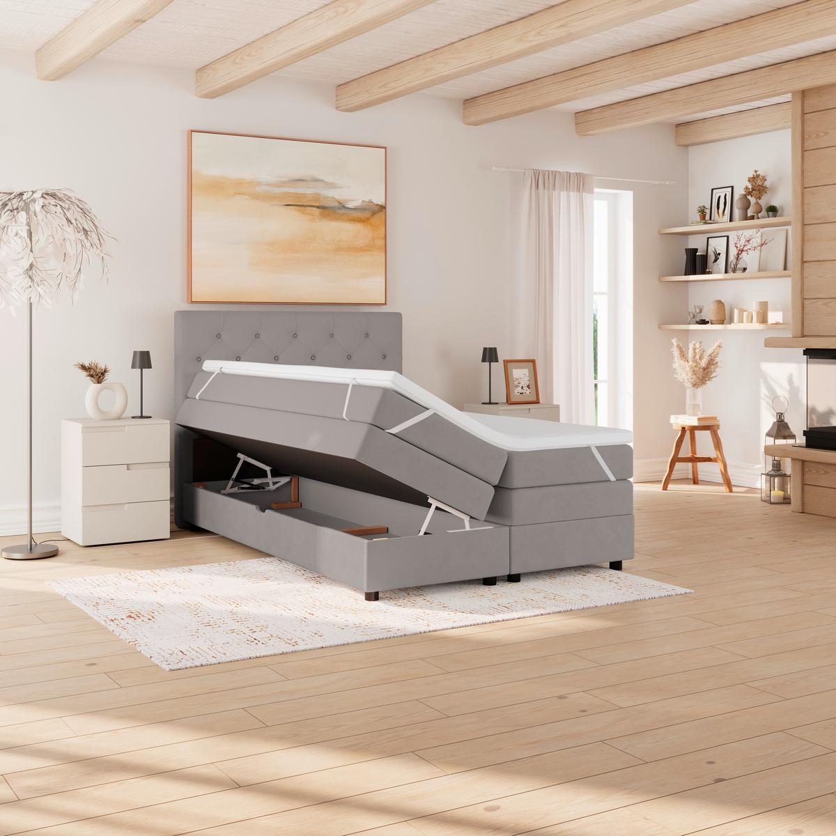 Boxspringbett Elio Silberfarben 140x200 cm H2 - Silberfarben/Schwarz, ROMANTIK / LANDHAUS, Textil (144/121/212cm) - James Wood