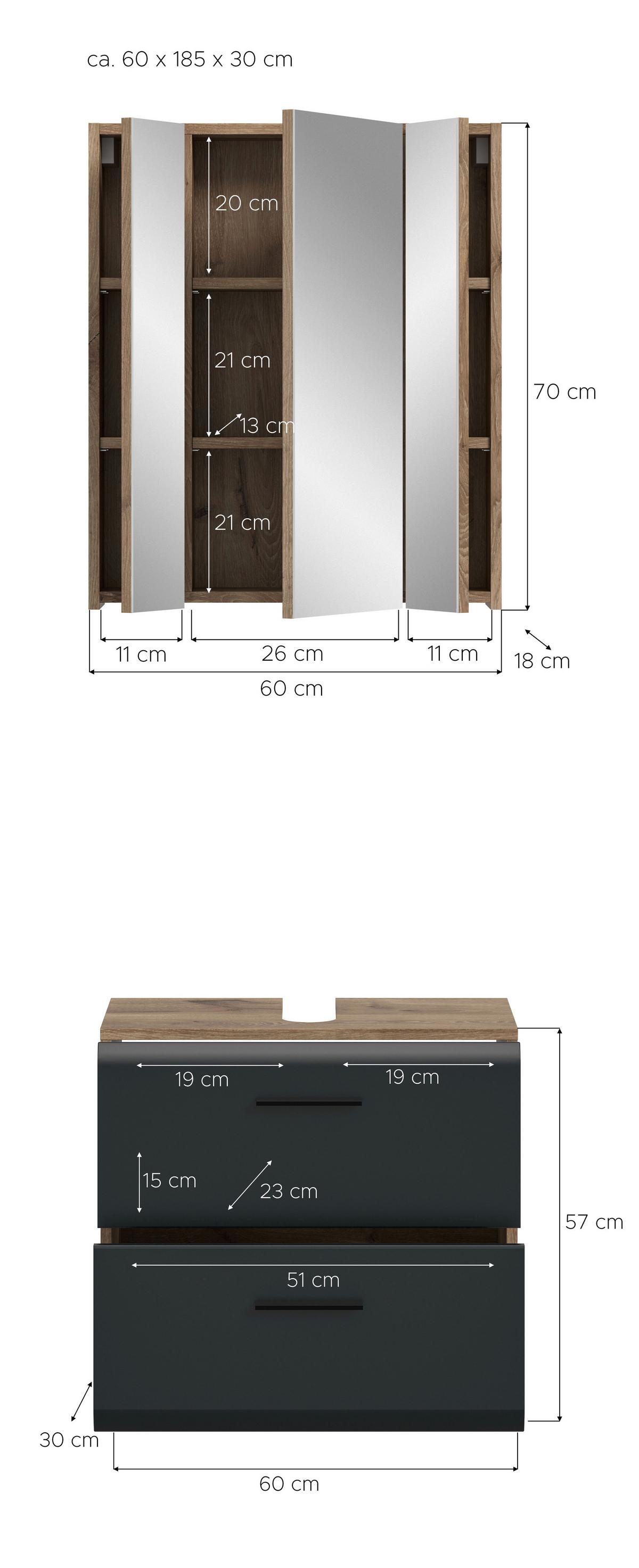 Badezimmer Ice Schwarz /Eiche dunkel Dekor B: 60cm - Eiche dunkel/Schwarz, Trend, Glas/Holzwerkstoff (60cm) - MID.YOU