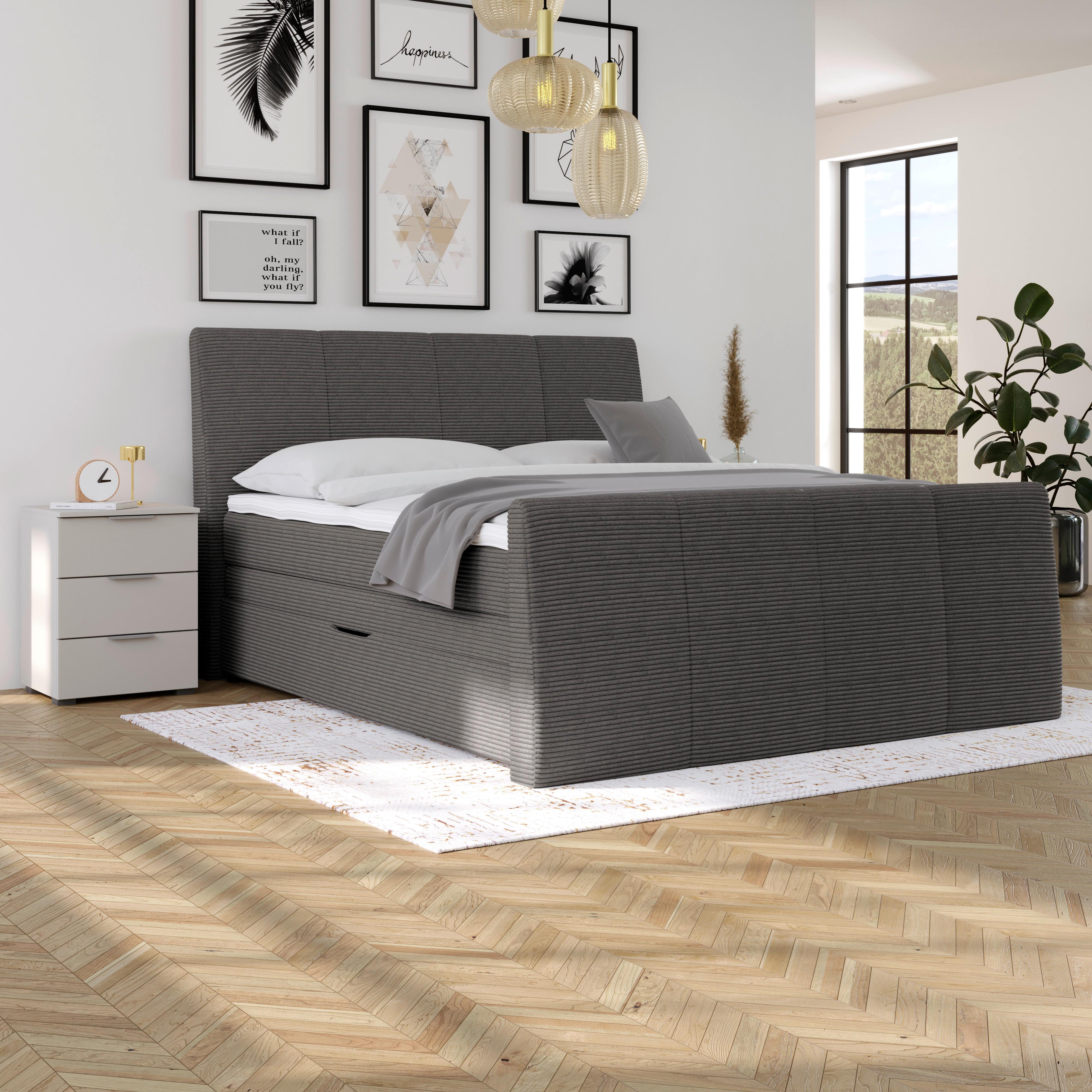 Boxspringbett Libra - Dunkelgrau/Schwarz, KONVENTIONELL, Textil (160/200cm)