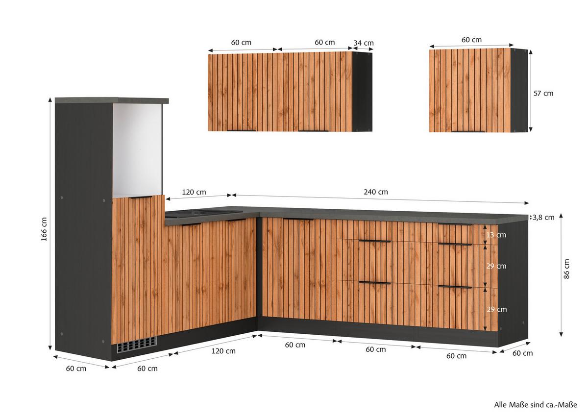 Eckküche Liverpool Graphit/ Eiche Dekor S: 240x240 cm - Schieferfarben/Eiche Wotan, Basics, Holzwerkstoff (240/240cm) - Held