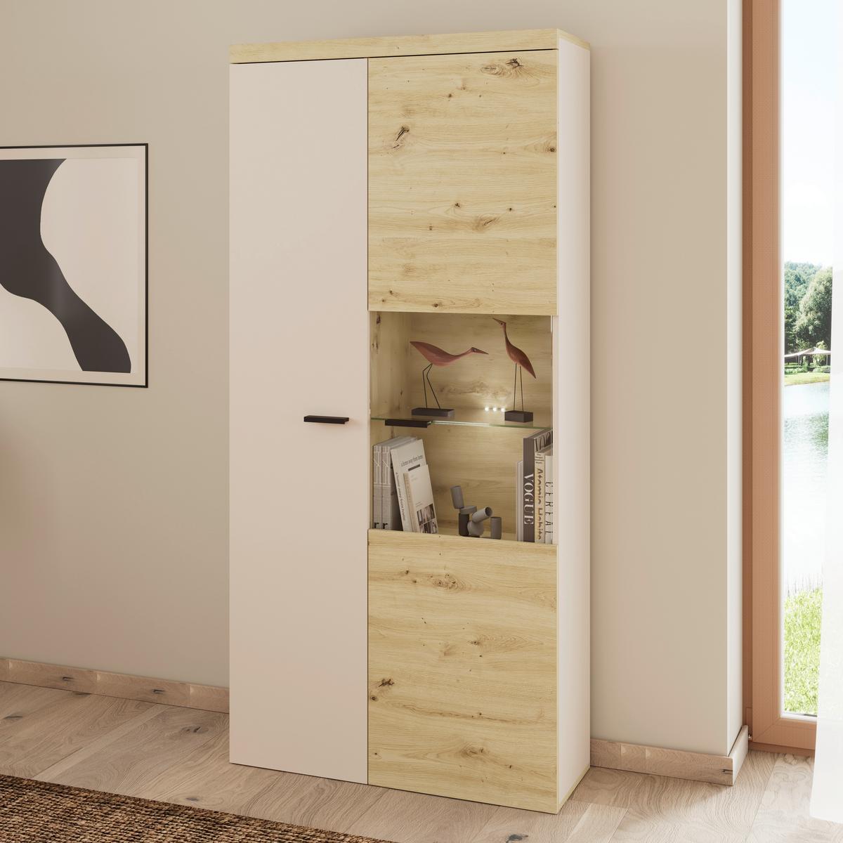 Vitrine Strada Giga Eiche Artisan/Kashmir, B: 91cm - Kaschmir/Schwarz, Trend, Glas/Holzwerkstoff (91/193/32cm)