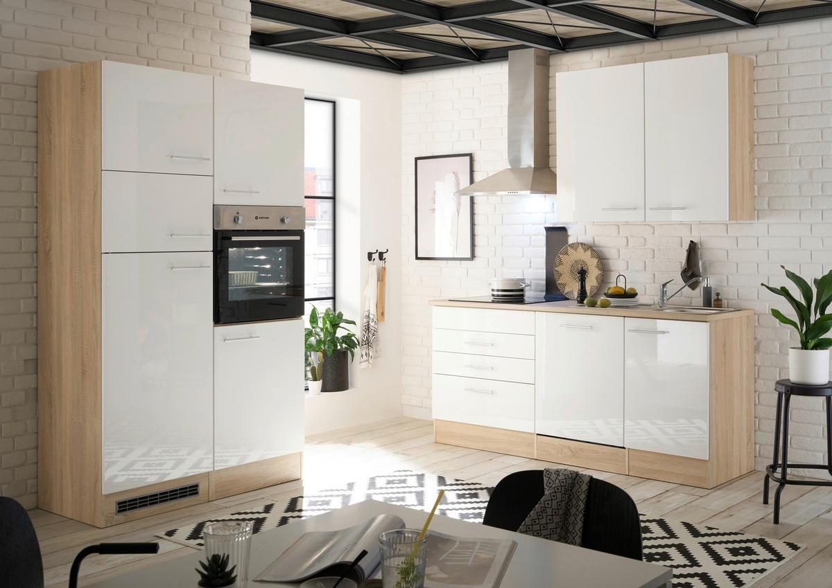 Küchenzeile Laurel ohne Geräte 310 cm Eiche/Weiß Hochglanz - Weiß/Sonoma Eiche, MODERN, Holzwerkstoff (310cm) - MID.YOU