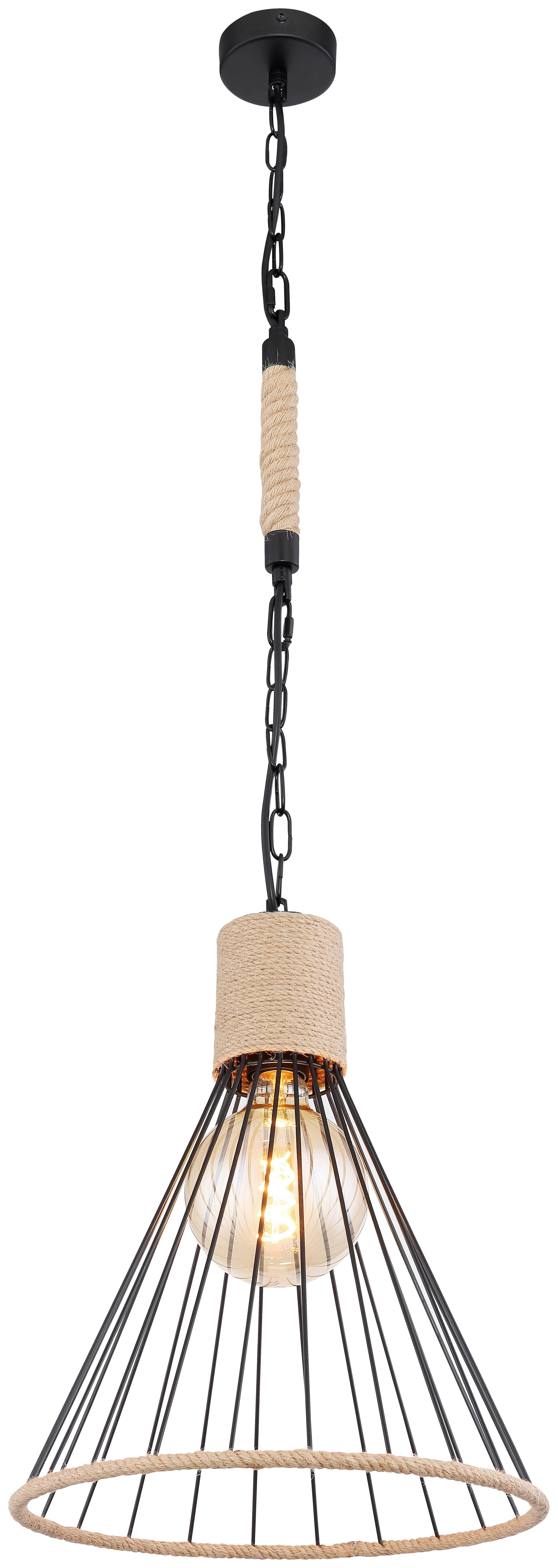 Hängeleuchte Halia H: 140 Cm 1-Flammig, Mit Hanfseil - Schwarz/Braun, Natur, Naturmaterialien/Metall (35/140cm) - Globo